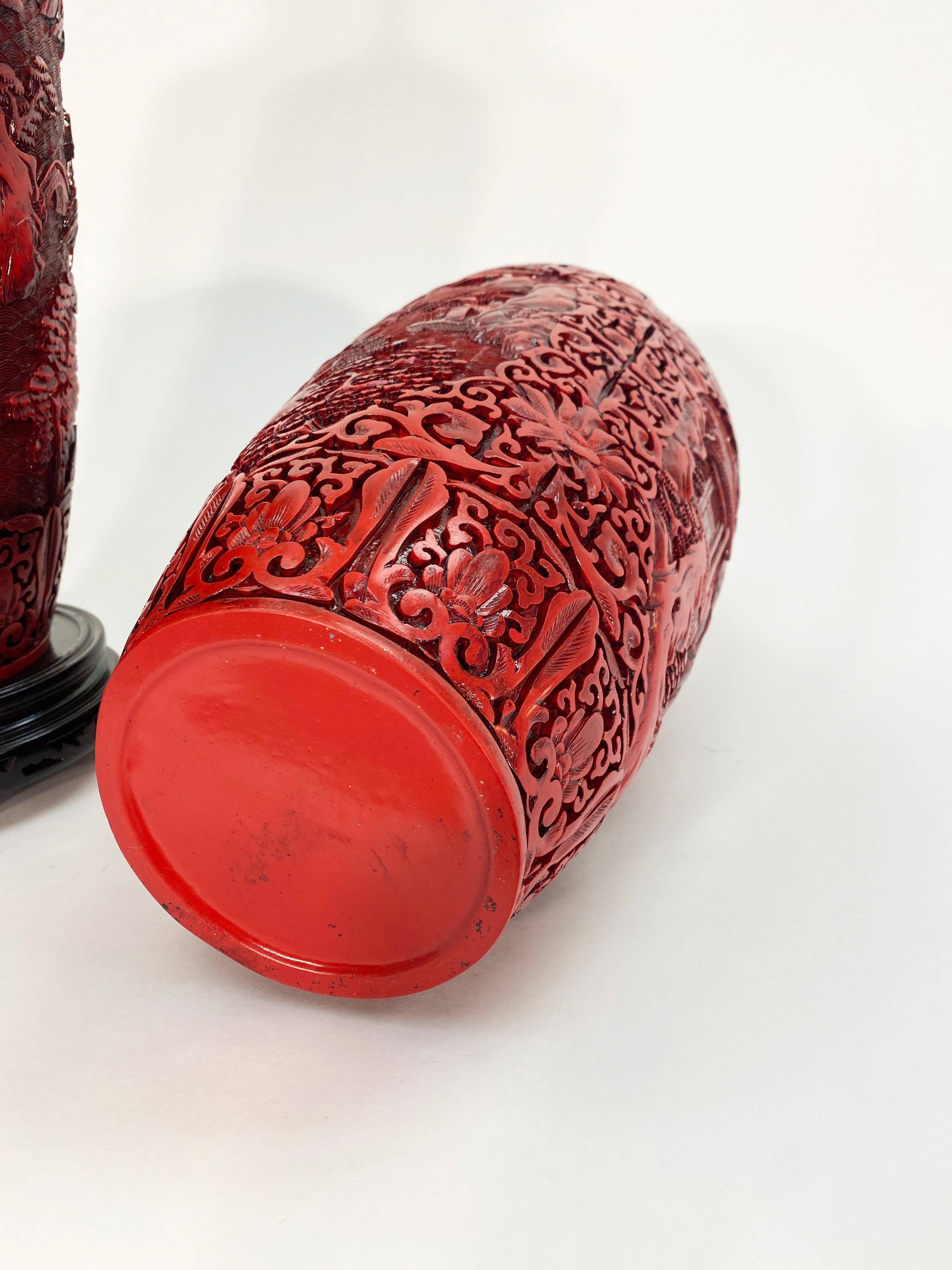 Hand-Carved Pair of Midcentury Cinnabar Vases