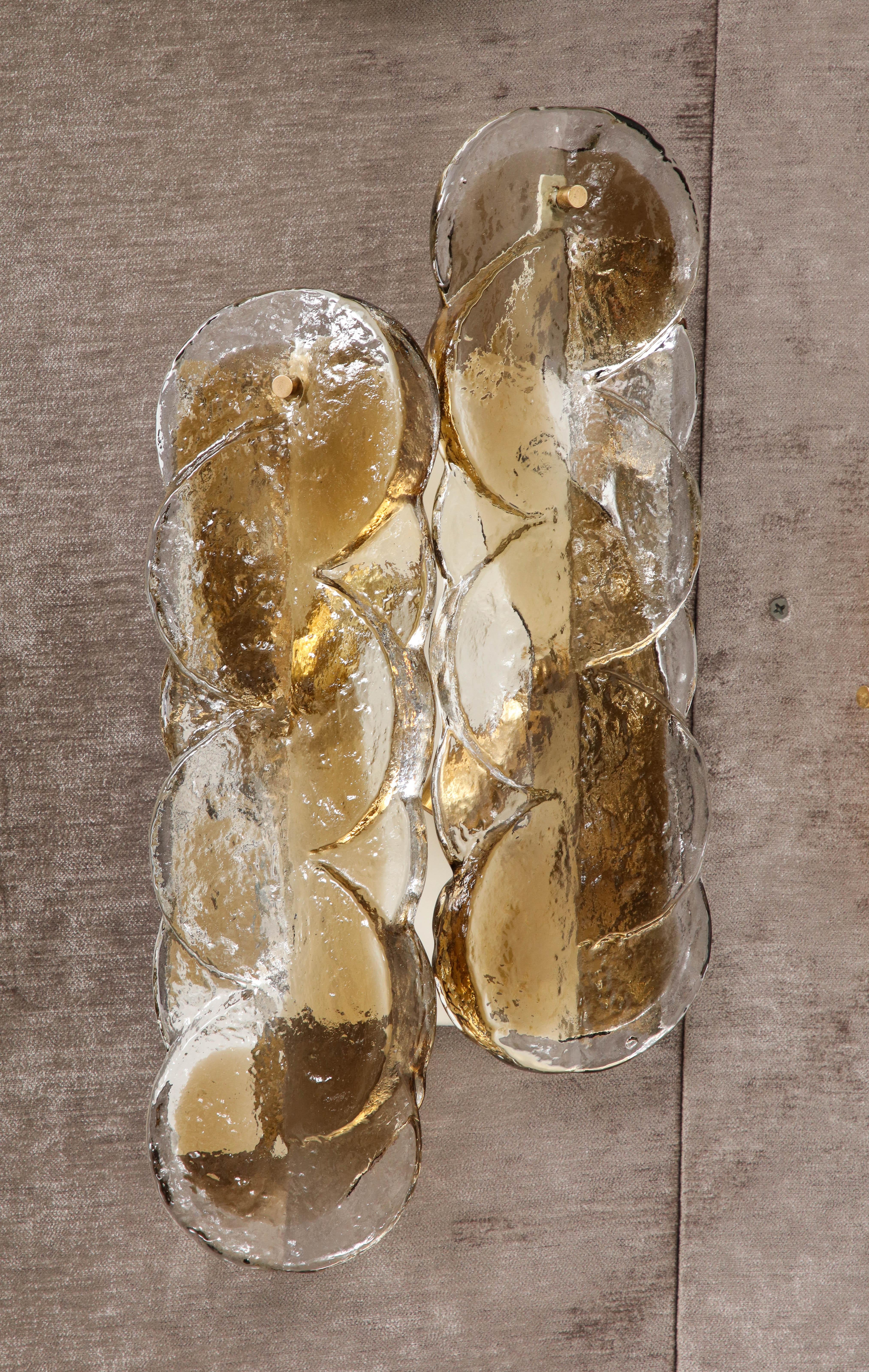 Brass Pair of Mid-Century Citrus Swirl Glass Sconces by Kalmar.