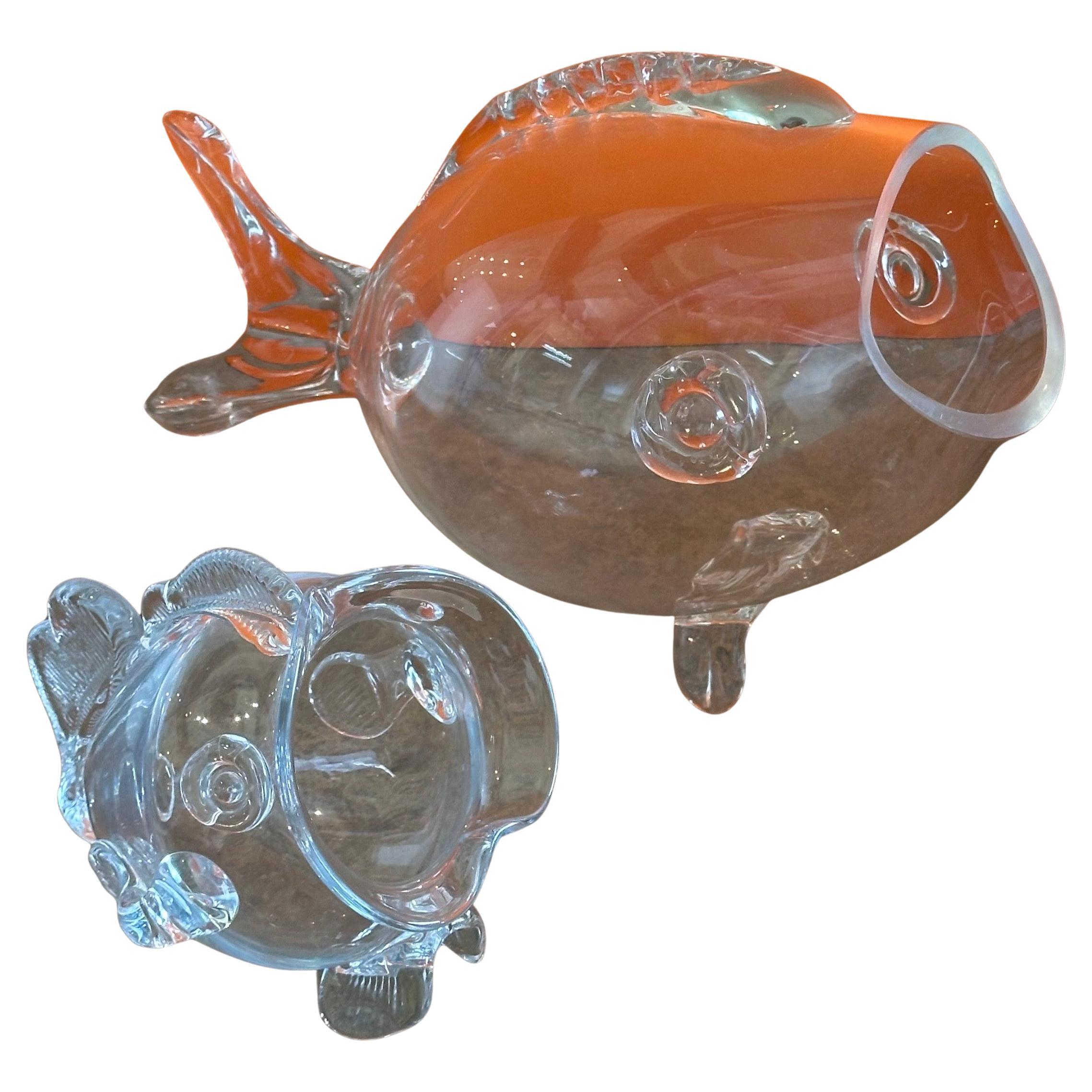 Pair of Mid-Century Clear Glass Fish Vase in the Style of Blenko Glass