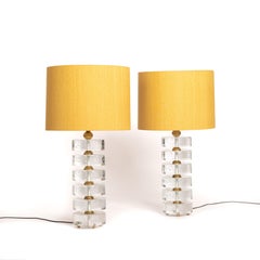 Pair of Mid-Century Clear Murano Glass Table Lamps with Yellow Colored Shades