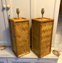 Pair of Mid Century Coastal Square Parquet Rattan Table Lamps, American, 1970s