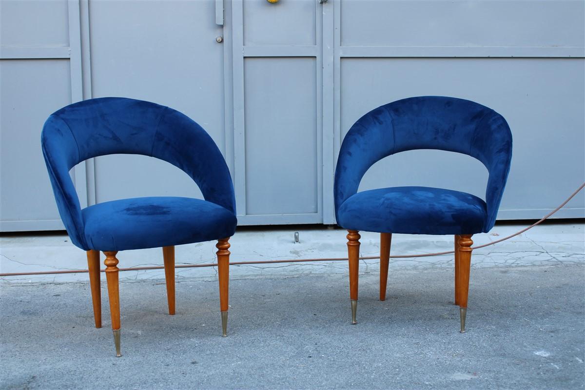 Pair of midcentury cobalt blue brass round bedroom chairs maple wood.