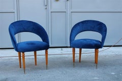 Pair of Midcentury Cobalt Blue Brass Round Bedroom Chairs Maple Wood
