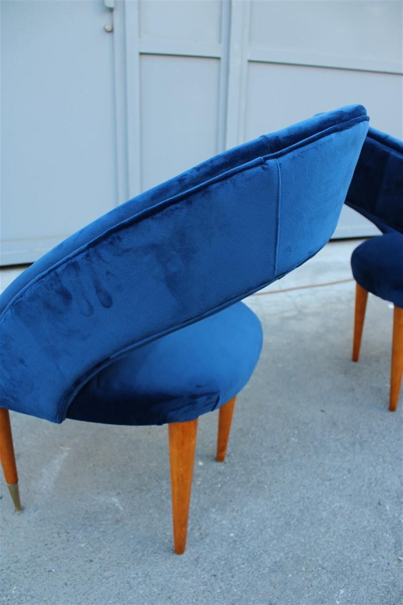 Italian Pair of Midcentury Cobalt Blue Brass Round Bedroom Chairs Maple Wood