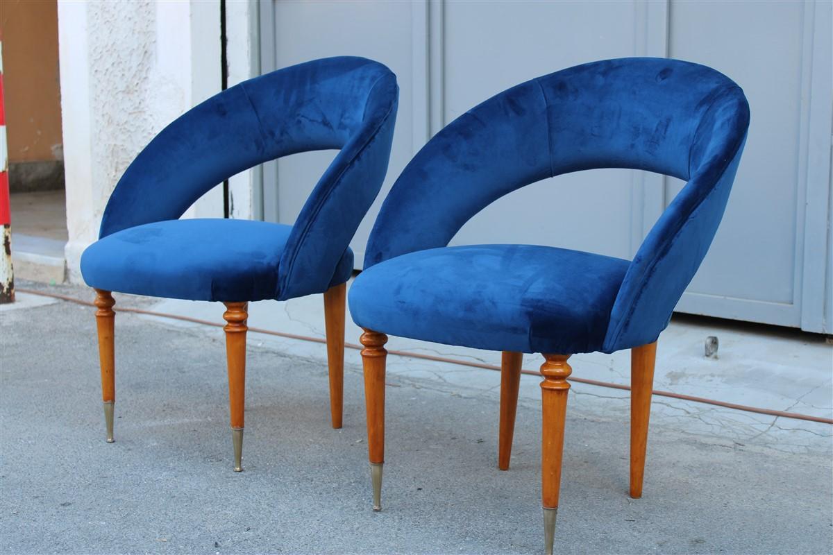 Velvet Pair of Midcentury Cobalt Blue Brass Round Bedroom Chairs Maple Wood