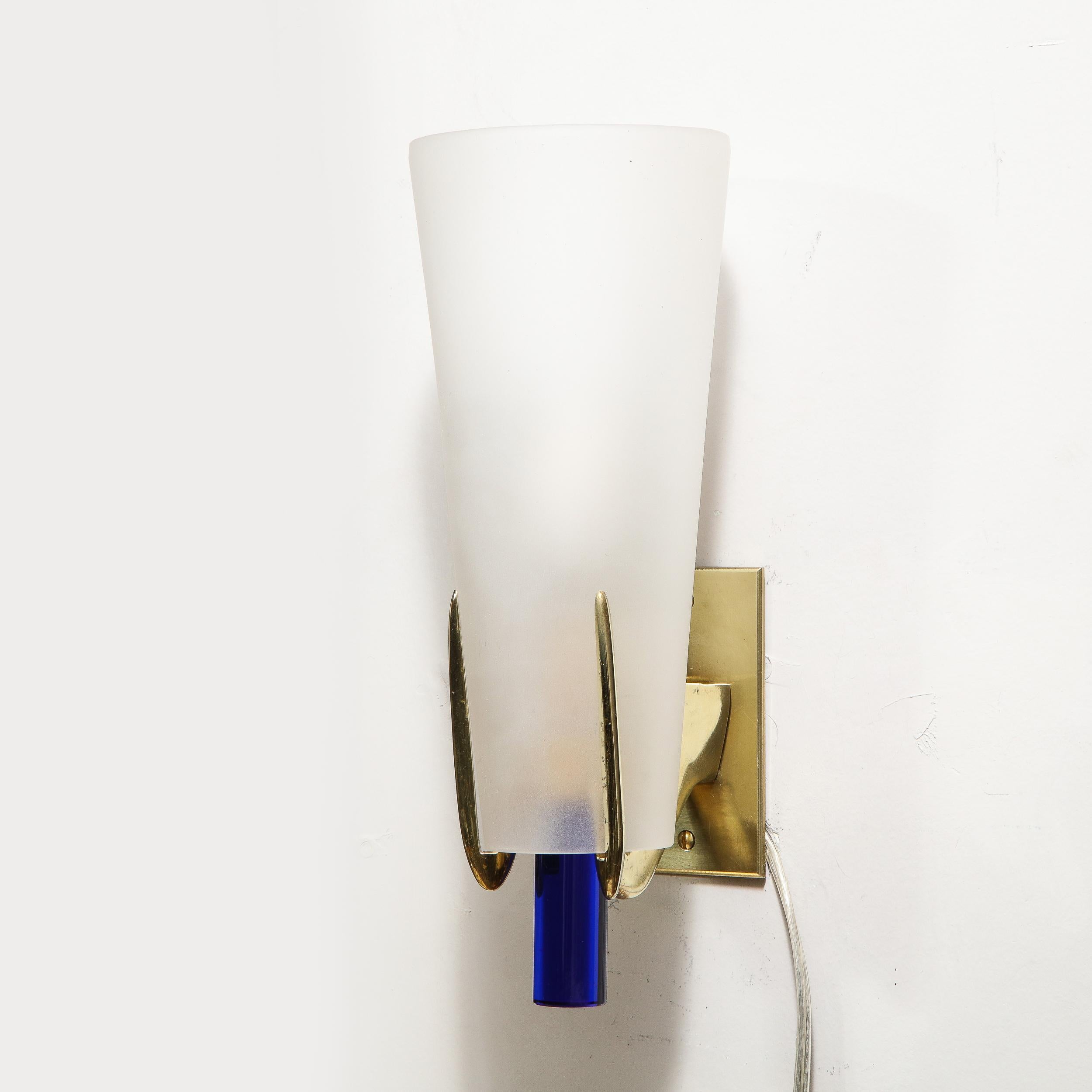 Pair of Midcentury Cobalt and Frosted Glass Conical Sconces with Brass Fittings 5