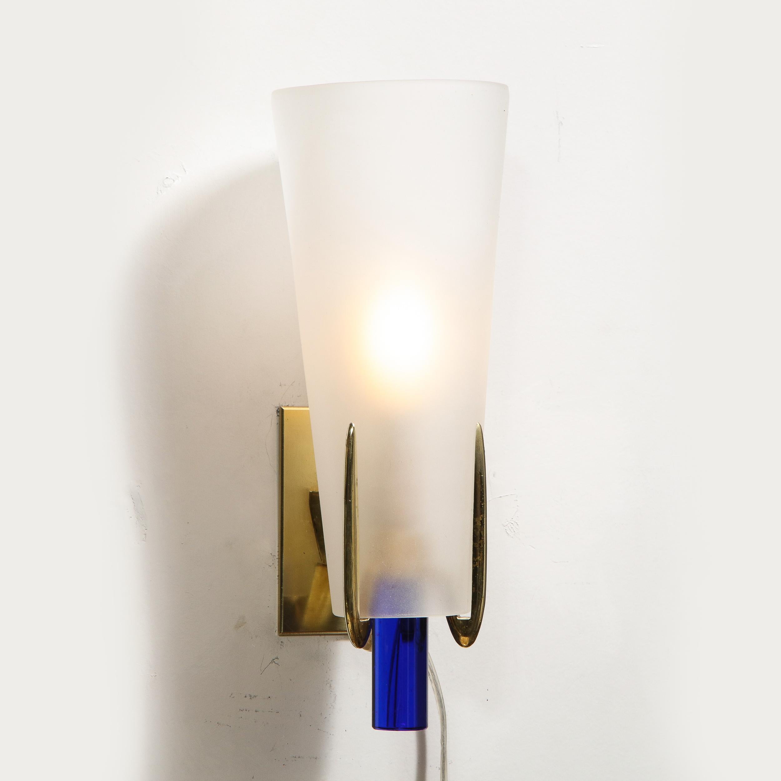 Mid-Century Modern Pair of Midcentury Cobalt and Frosted Glass Conical Sconces with Brass Fittings
