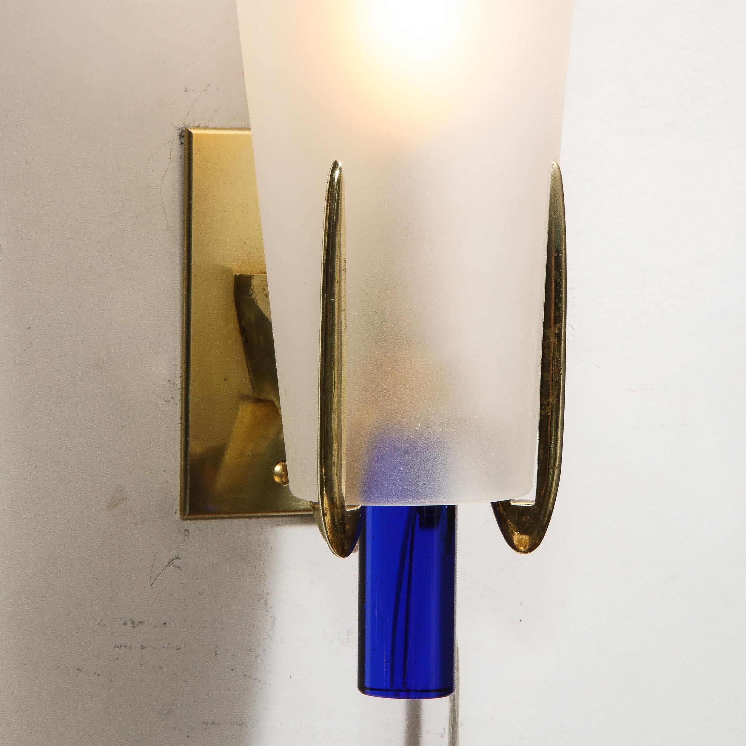 Italian Pair of Midcentury Cobalt and Frosted Glass Conical Sconces with Brass Fittings
