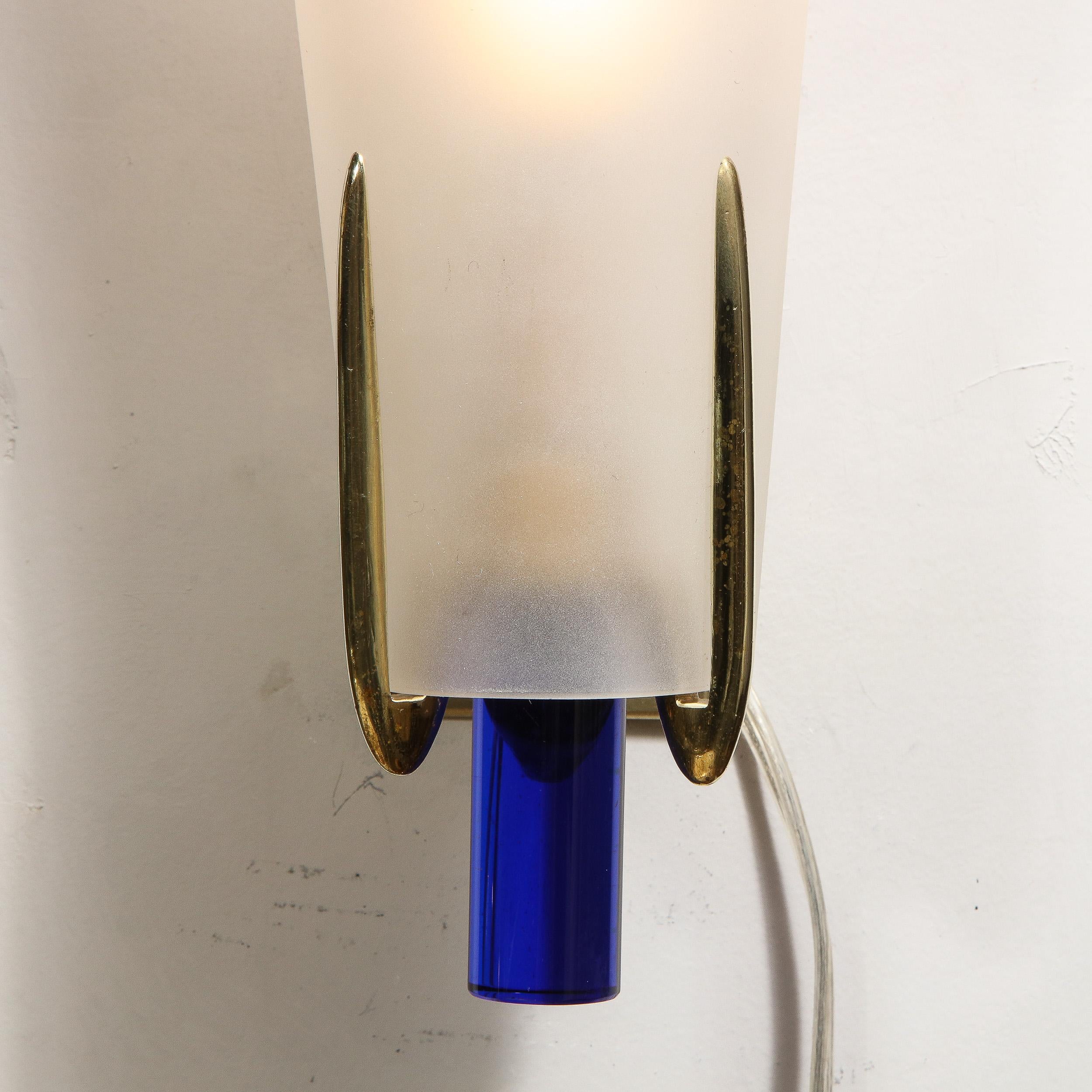 Pair of Midcentury Cobalt and Frosted Glass Conical Sconces with Brass Fittings In Good Condition In New York, NY