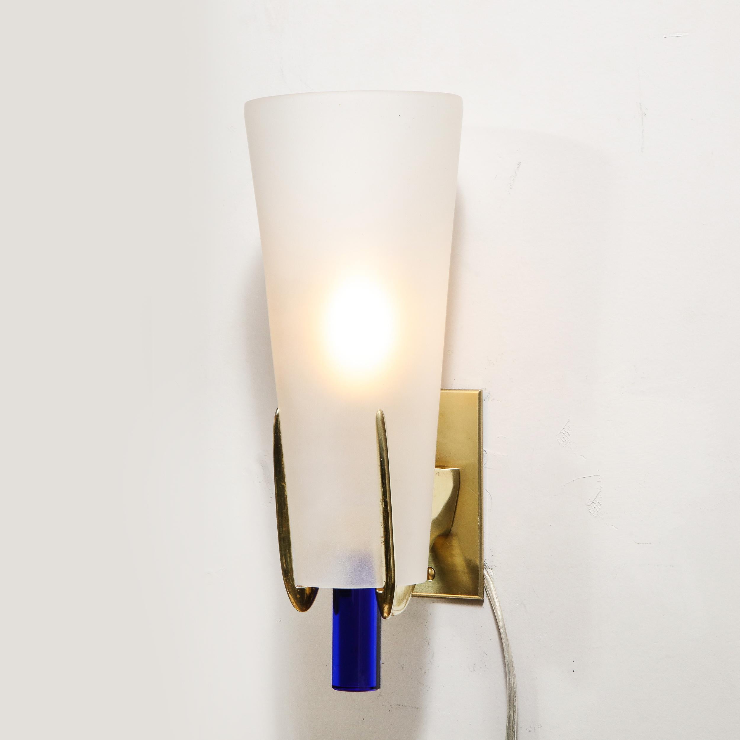 Mid-20th Century Pair of Midcentury Cobalt and Frosted Glass Conical Sconces with Brass Fittings