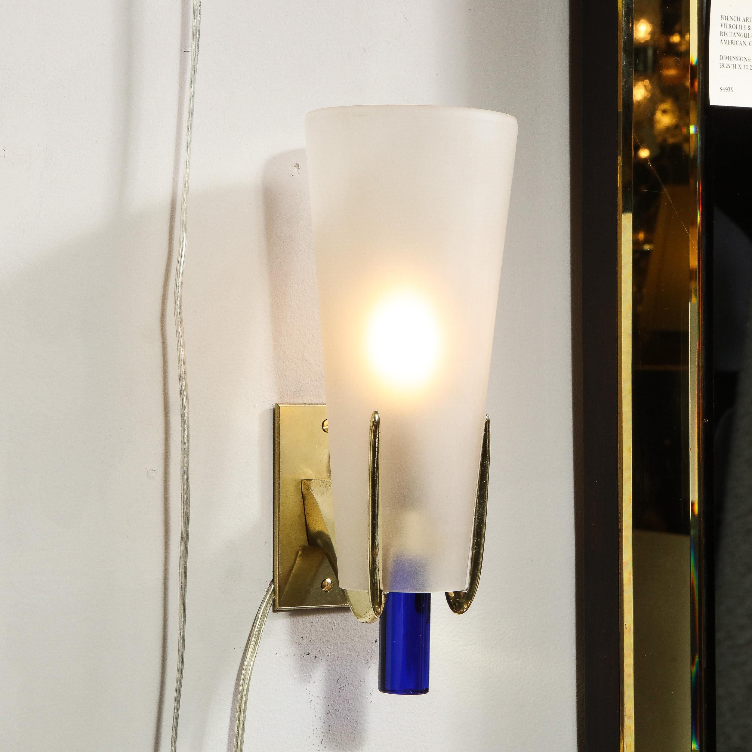 Pair of Midcentury Cobalt and Frosted Glass Conical Sconces with Brass Fittings 1