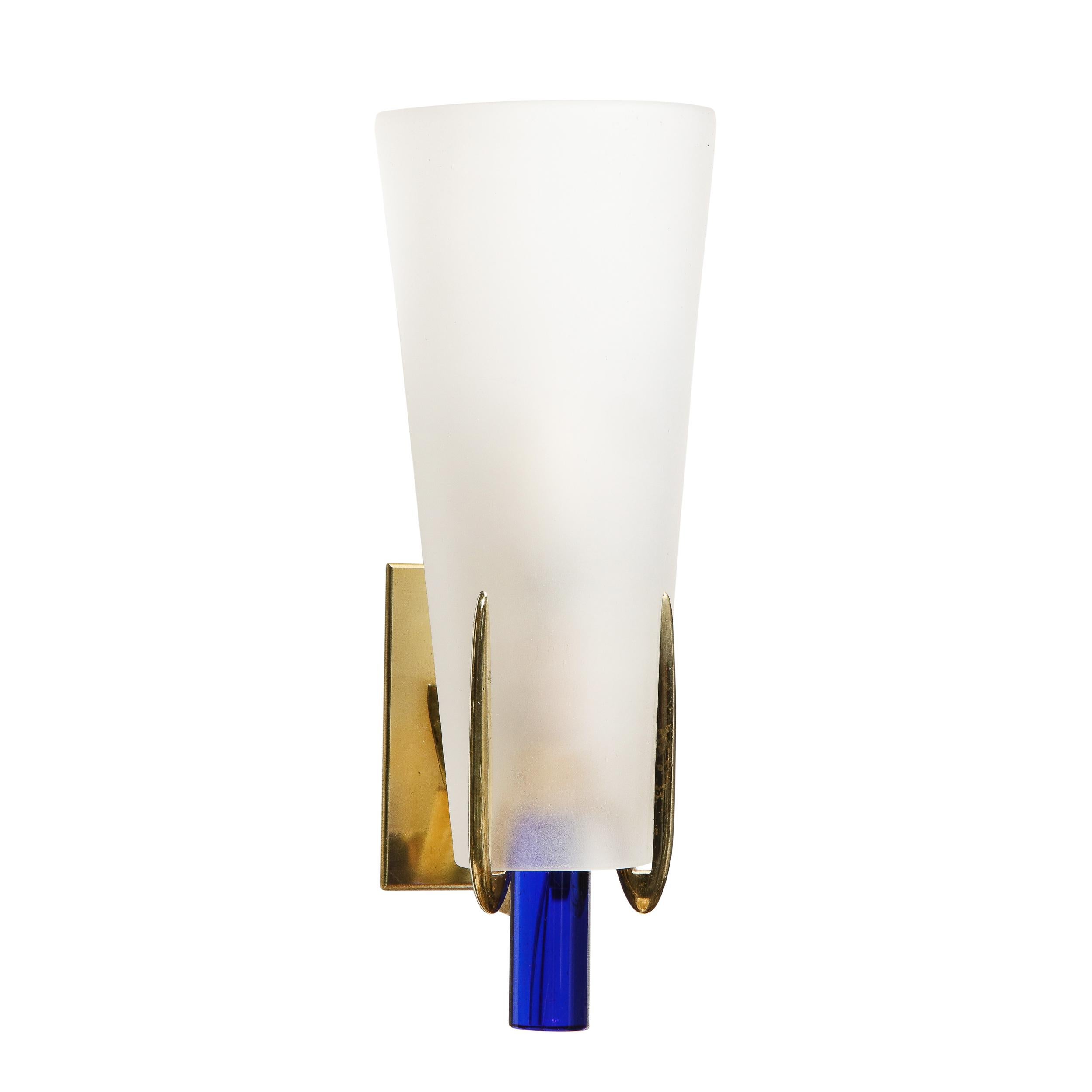 Pair of Midcentury Cobalt and Frosted Glass Conical Sconces with Brass Fittings 2