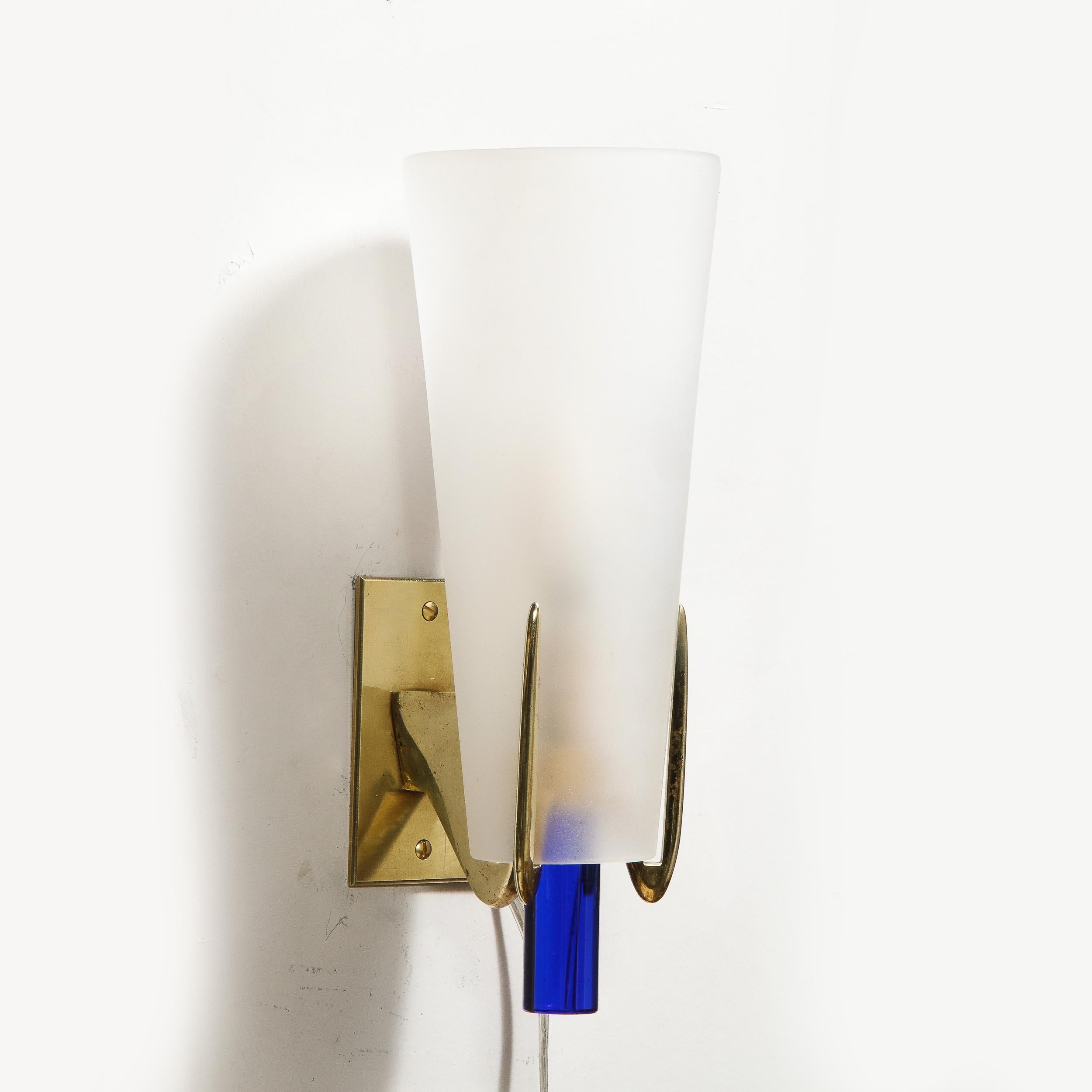 Pair of Midcentury Cobalt and Frosted Glass Conical Sconces with Brass Fittings 3