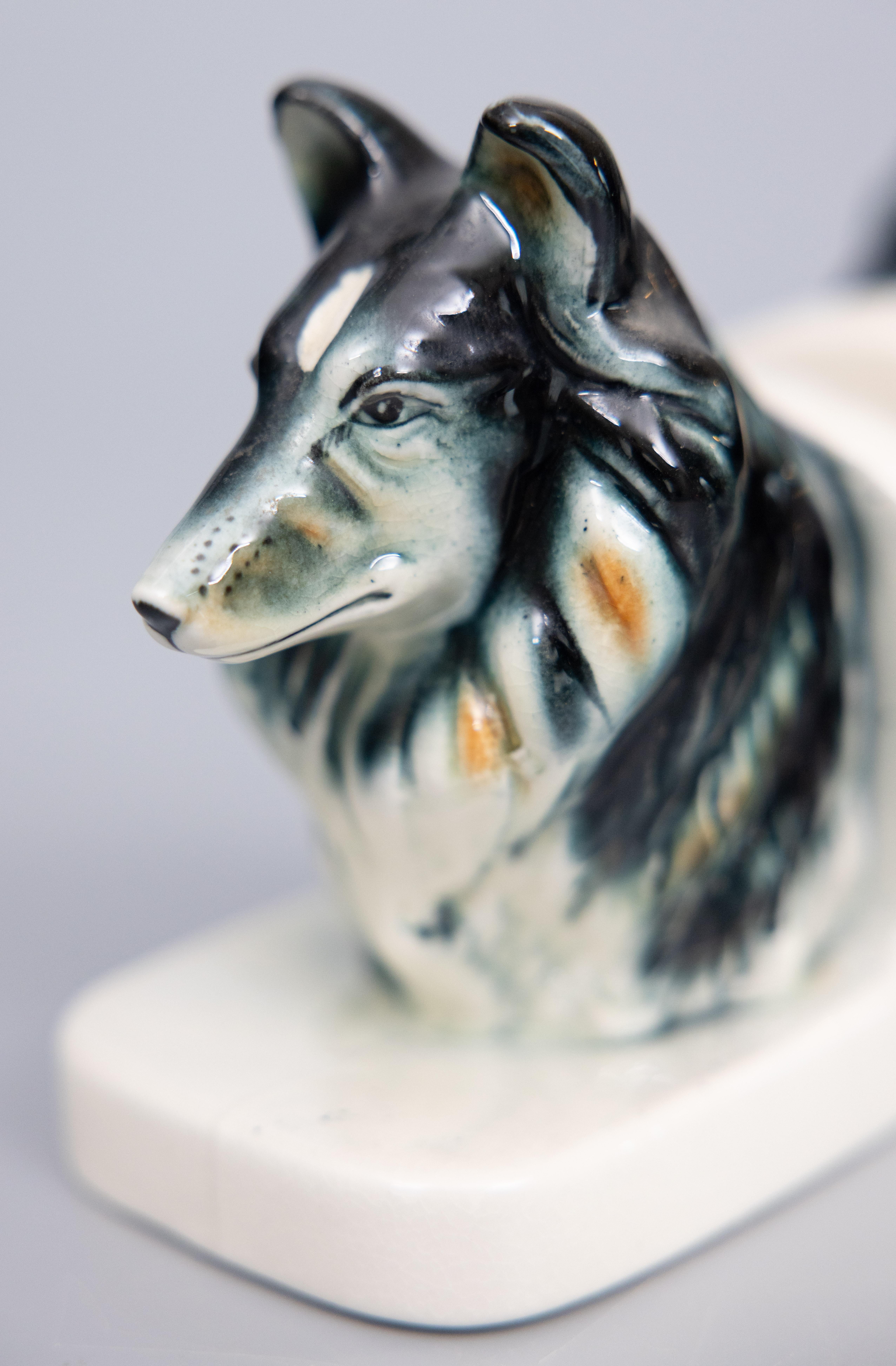 XX secolo Coppia di reggilibri in ceramica con cani di razza Colli del metà del secolo scorso in vendita