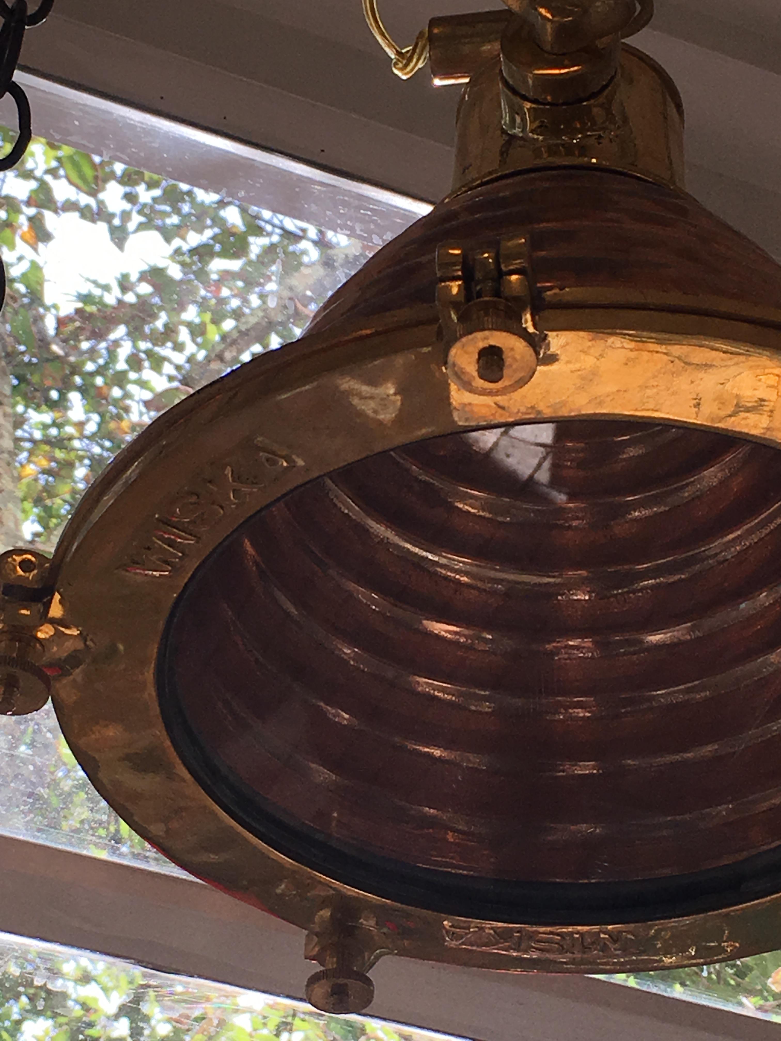 Pair of Mid-Century, Copper and Brass Nautical Ship's Deck Lights In Excellent Condition In Nantucket, MA