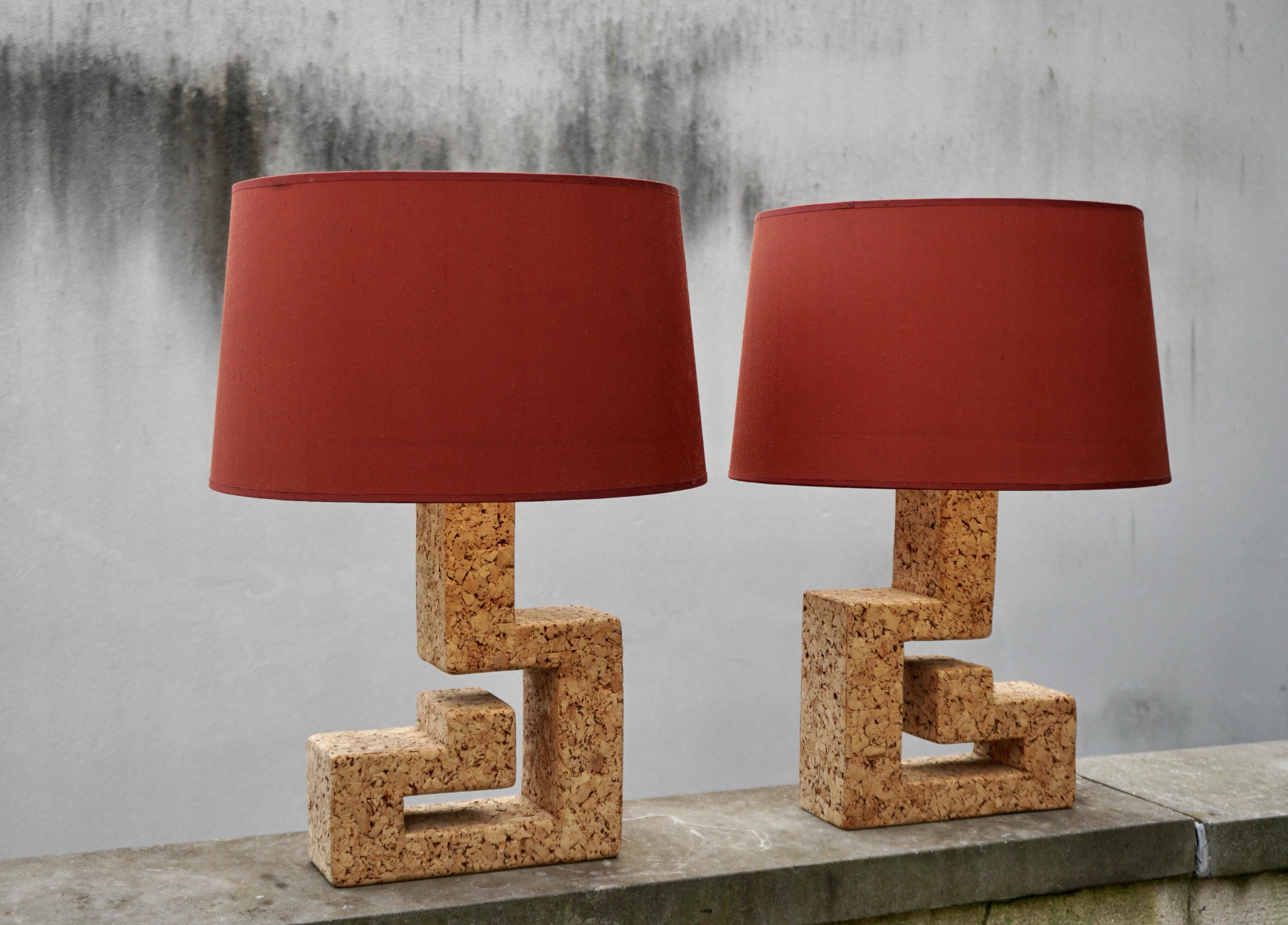 Pair of Mid-Century cubist shaped cork table lamps (Priced as pair).

Total height with the fitting is 16.1