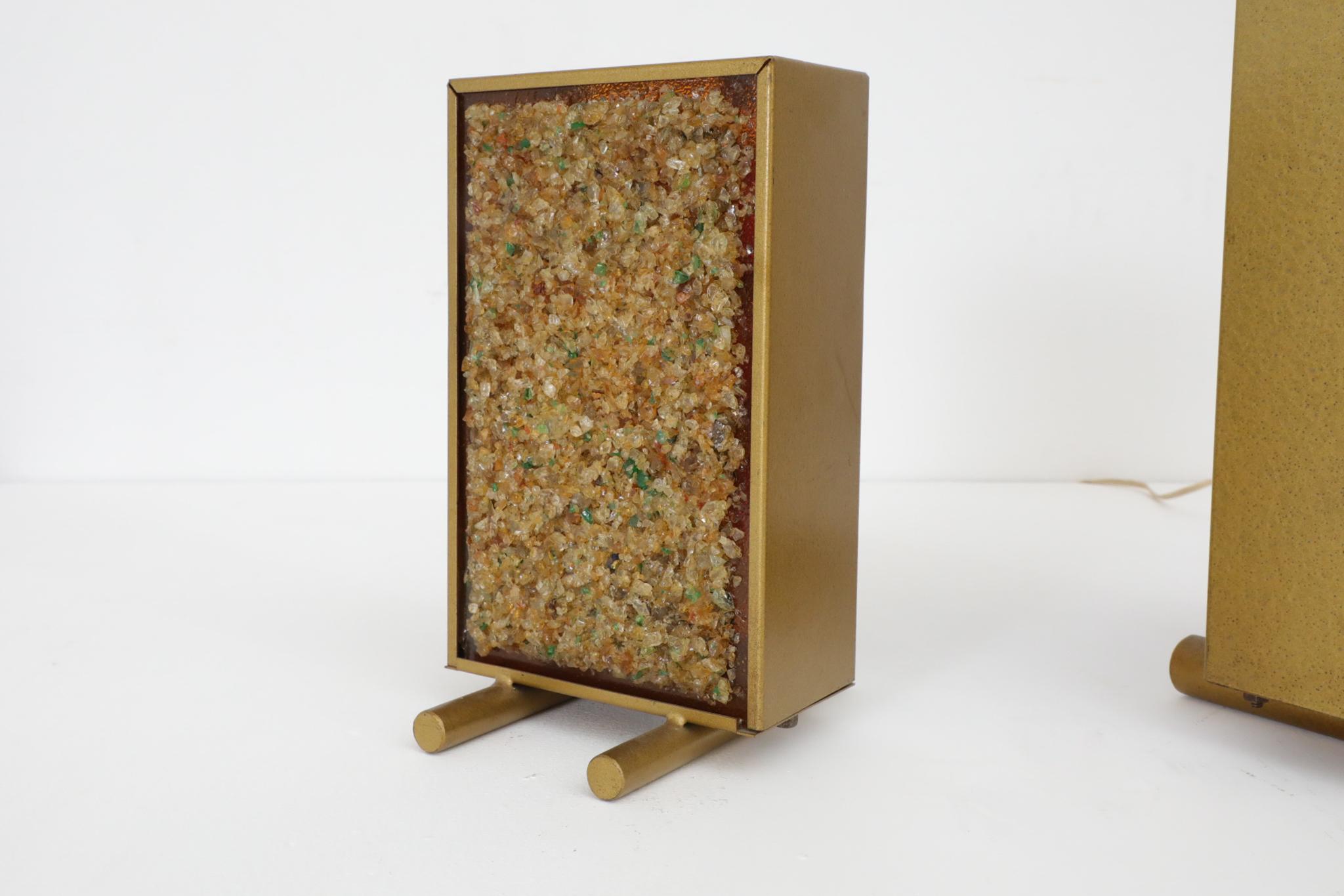 Pair of Mid-Century Cosack Produced Brass Framed Glass Art Table Lamps For Sale 6