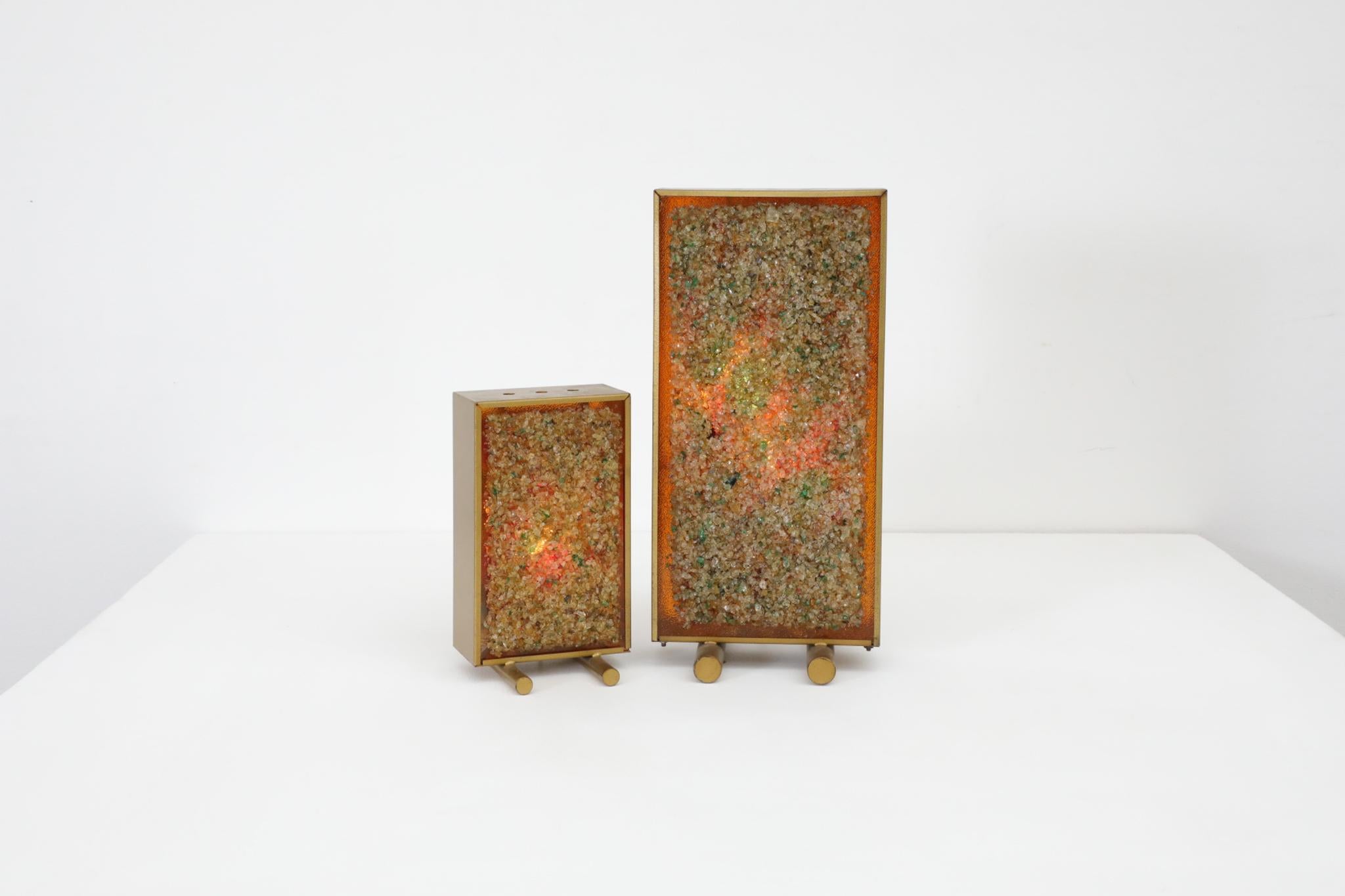 Dutch Pair of Mid-Century Cosack Produced Brass Framed Glass Art Table Lamps For Sale