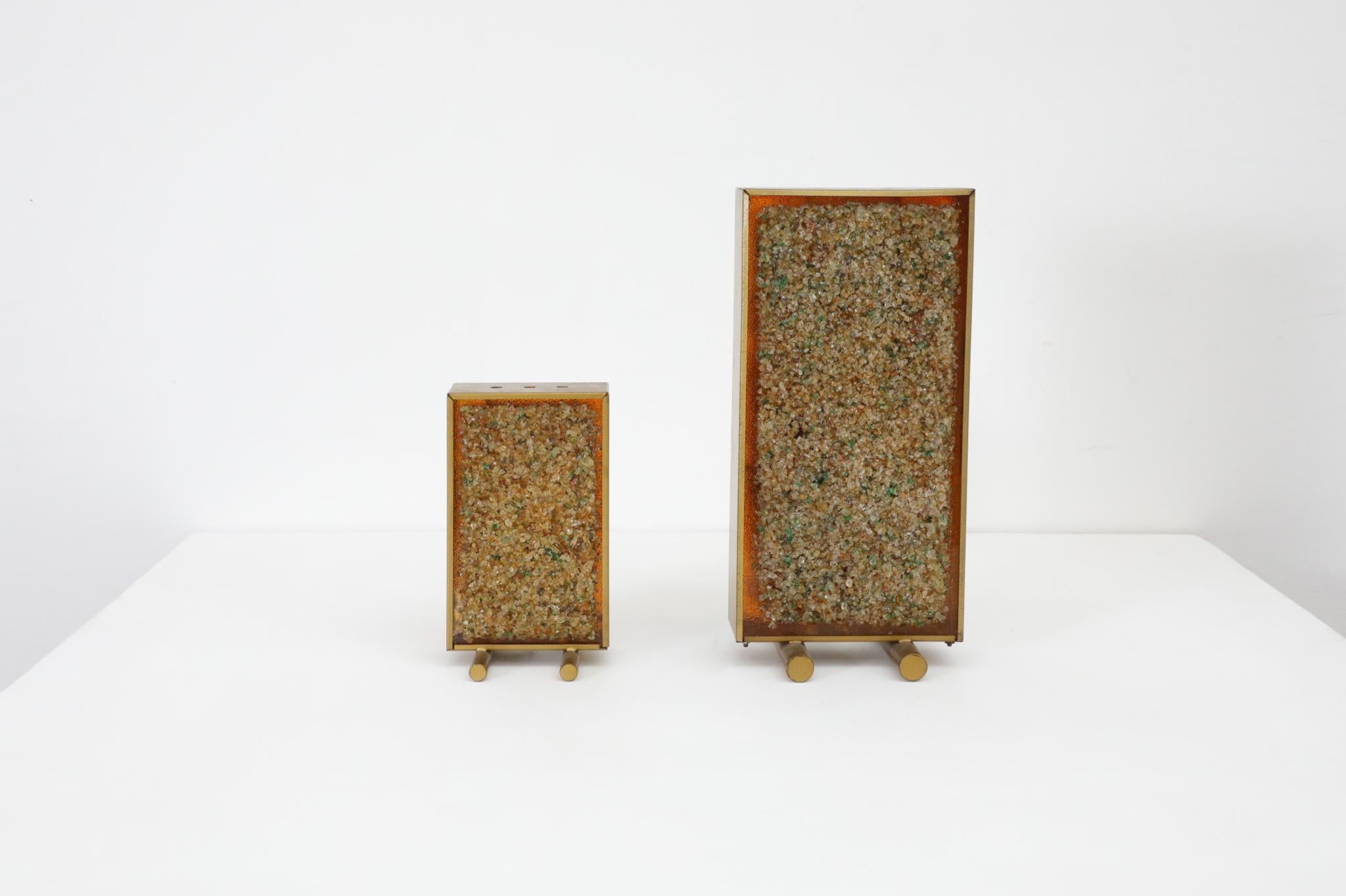 Pair of Mid-Century Cosack Produced Brass Framed Glass Art Table Lamps In Good Condition For Sale In Los Angeles, CA