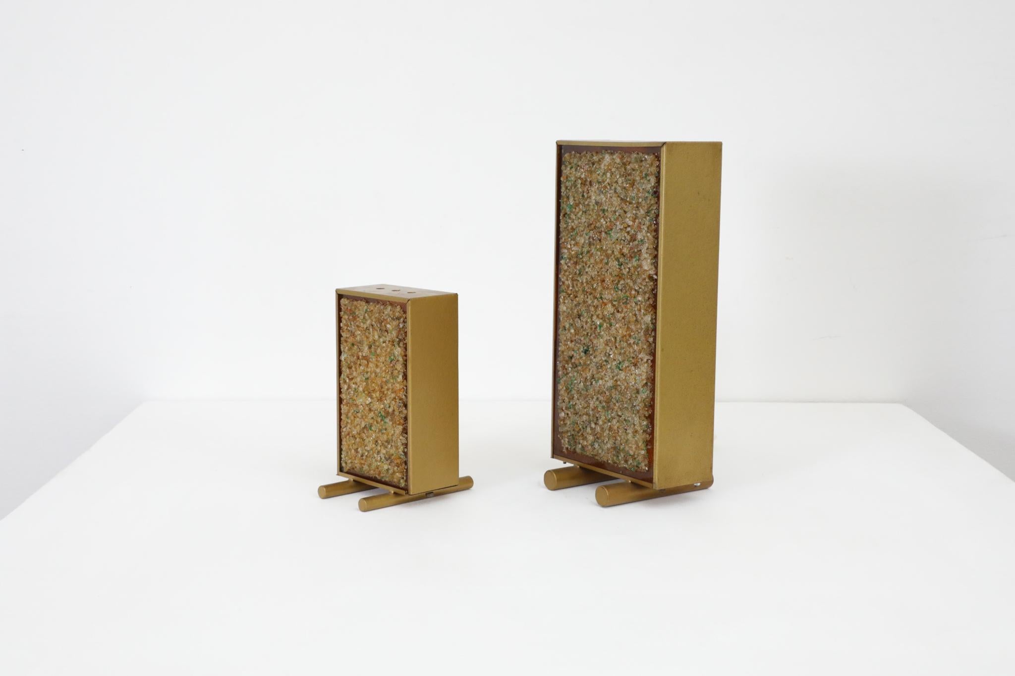 Late 20th Century Pair of Mid-Century Cosack Produced Brass Framed Glass Art Table Lamps For Sale