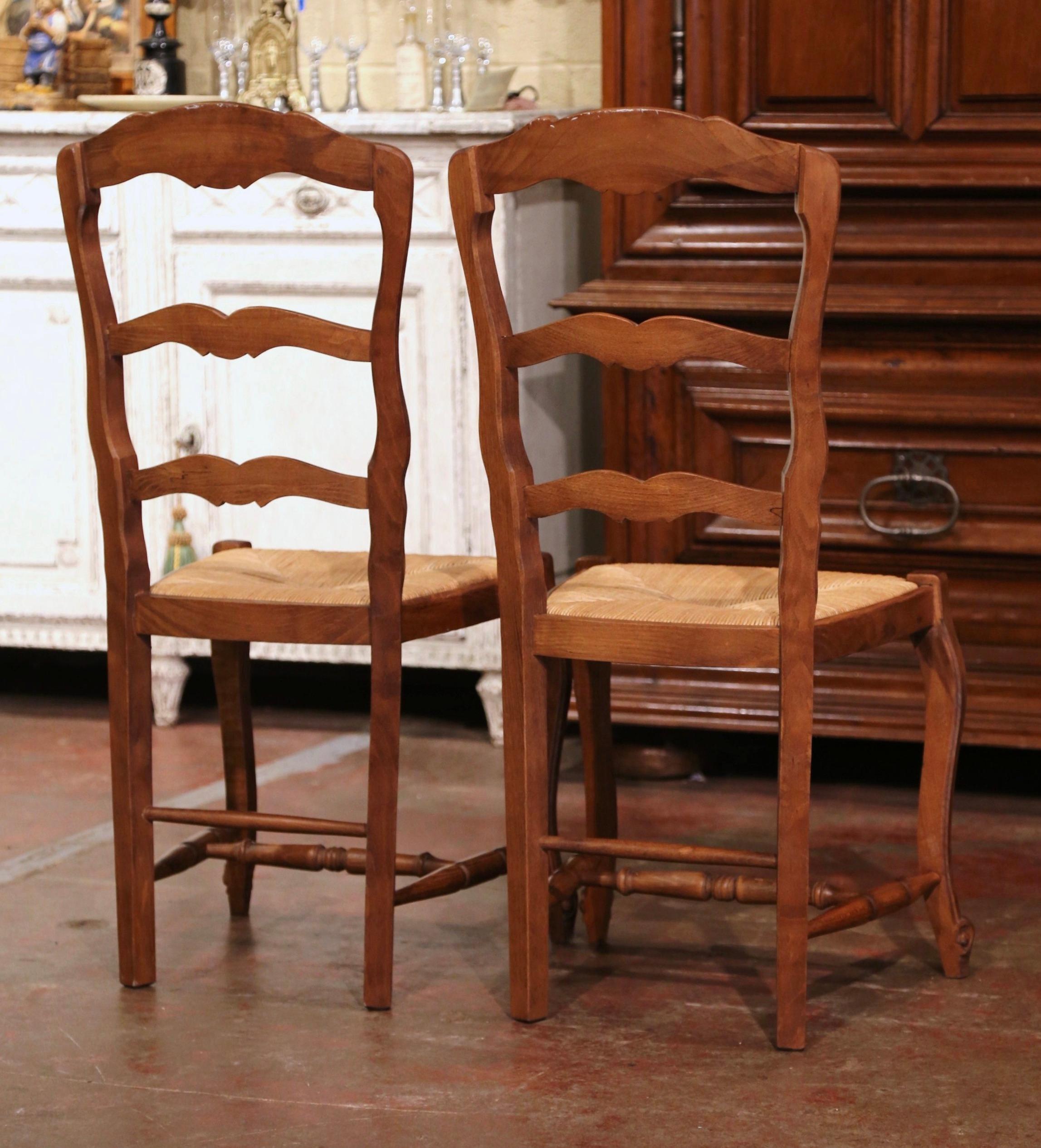 Pair of Mid-Century Country French Ladder Back Chairs with Rush Seat 1