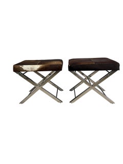 Pair of Mid Century Cow Hide Benches with Chrome Bases
