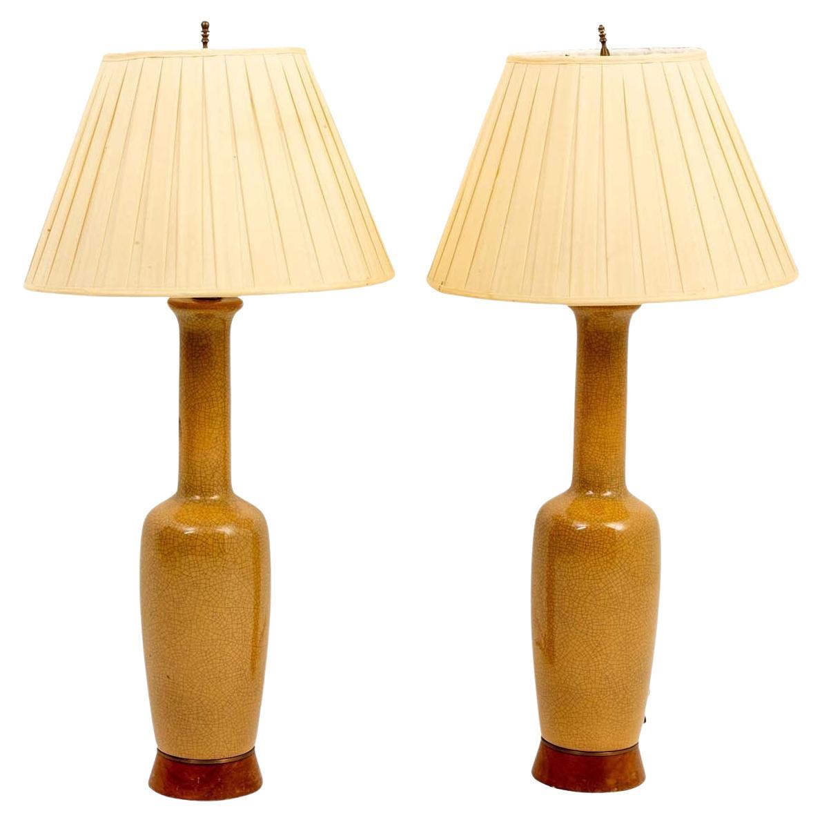 Pair of Mid Century Crackled Porcelain Lamps For Sale