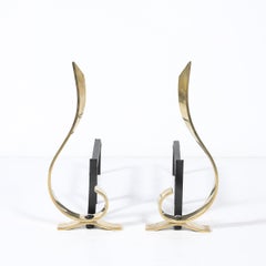 Pair of Mid-Century Curvilinear Polished Brass Andirons with Gunmetal Fittings