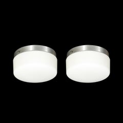 Pair of Mid-Century Cylindrical Milk Glass Flush Mounts w/ Brushed Aluminum