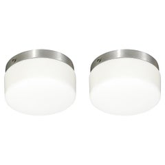 Pair of Mid-Century Cylindrical Milk Glass Flush Mounts w/ Brushed Aluminum
