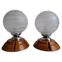 Pair of Mid-Century Czech Wood and Frosted Glass Table Lamps, 1990
