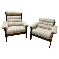 Pair of Mid Century Danish Beechwood and Pinstripe Wool Lounge Chairs