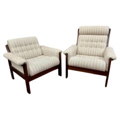 Pair of Mid Century Danish Beechwood and Pinstripe Wool Lounge Chairs