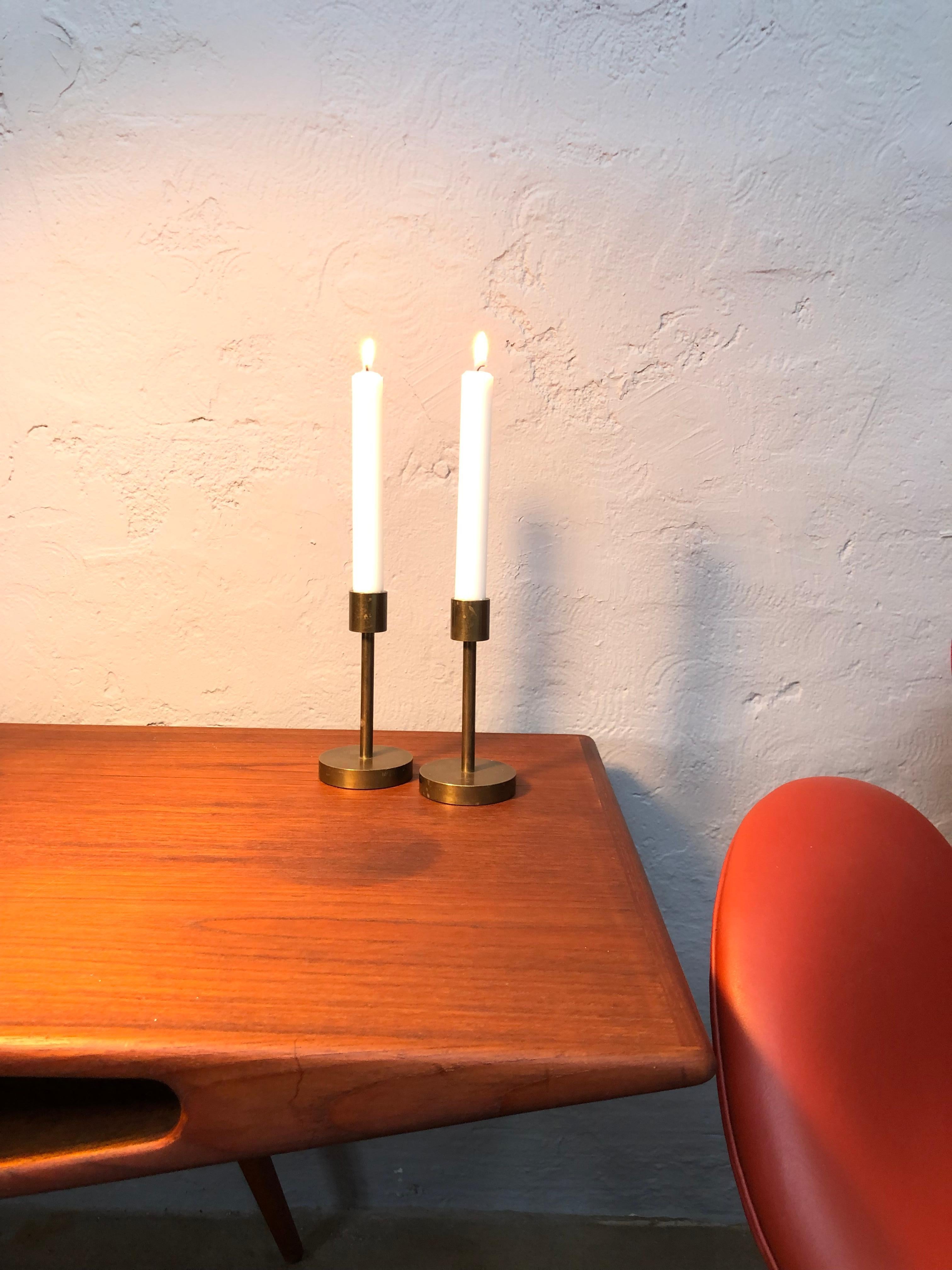 Mid-Century Modern Pair of Mid-Century Danish Brass Candle Holders For Sale