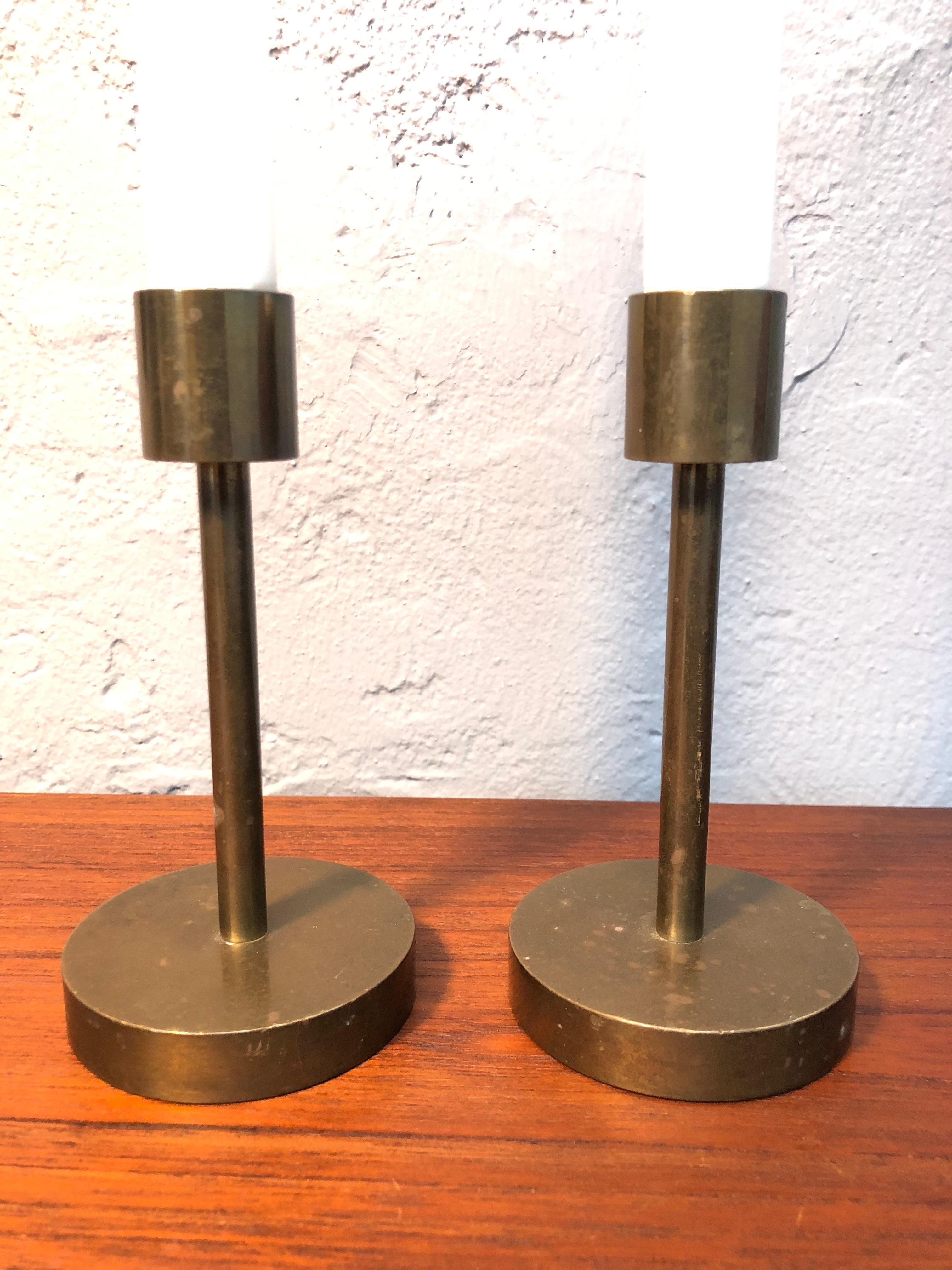 Hand-Crafted Pair of Mid-Century Danish Brass Candle Holders For Sale