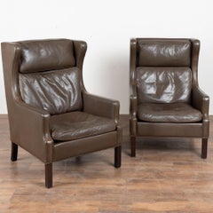 Pair of Mid Century Danish Brown Leather Wingback Club Chairs