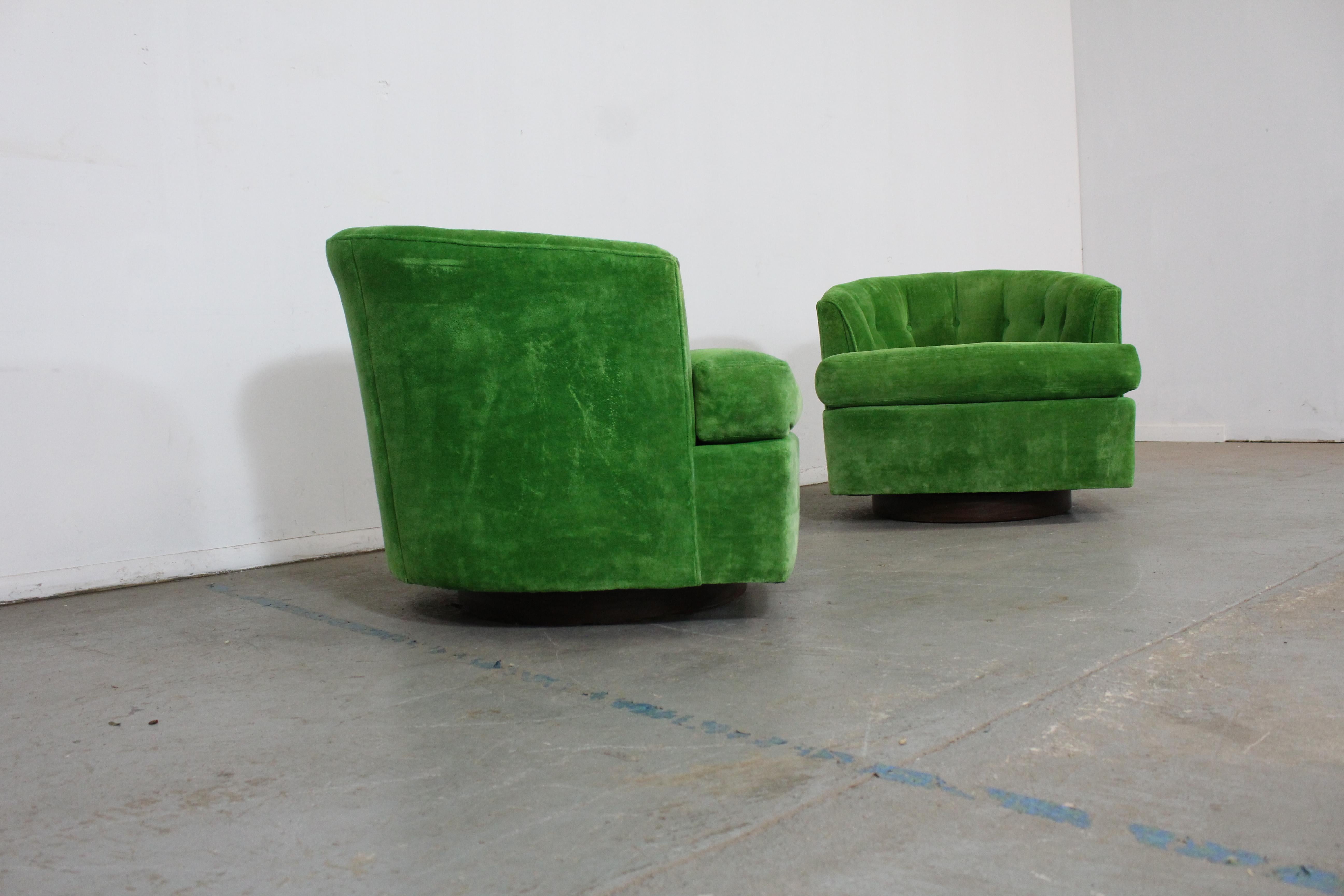 Mid-Century Modern Pair of Mid-Century Danish Modern Barrel Back Velvet Swivel Club Chairs