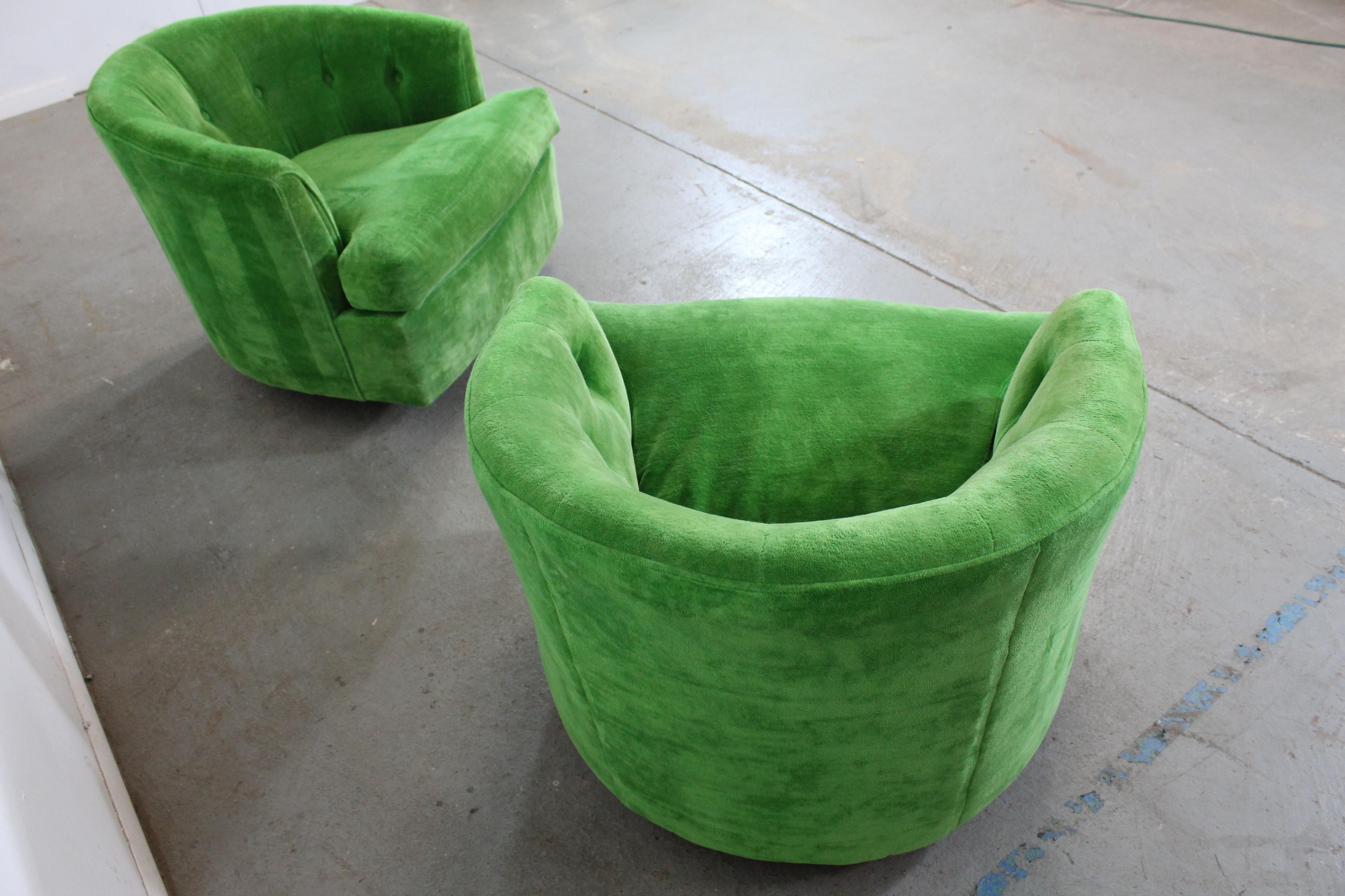Walnut Pair of Mid-Century Danish Modern Barrel Back Velvet Swivel Club Chairs