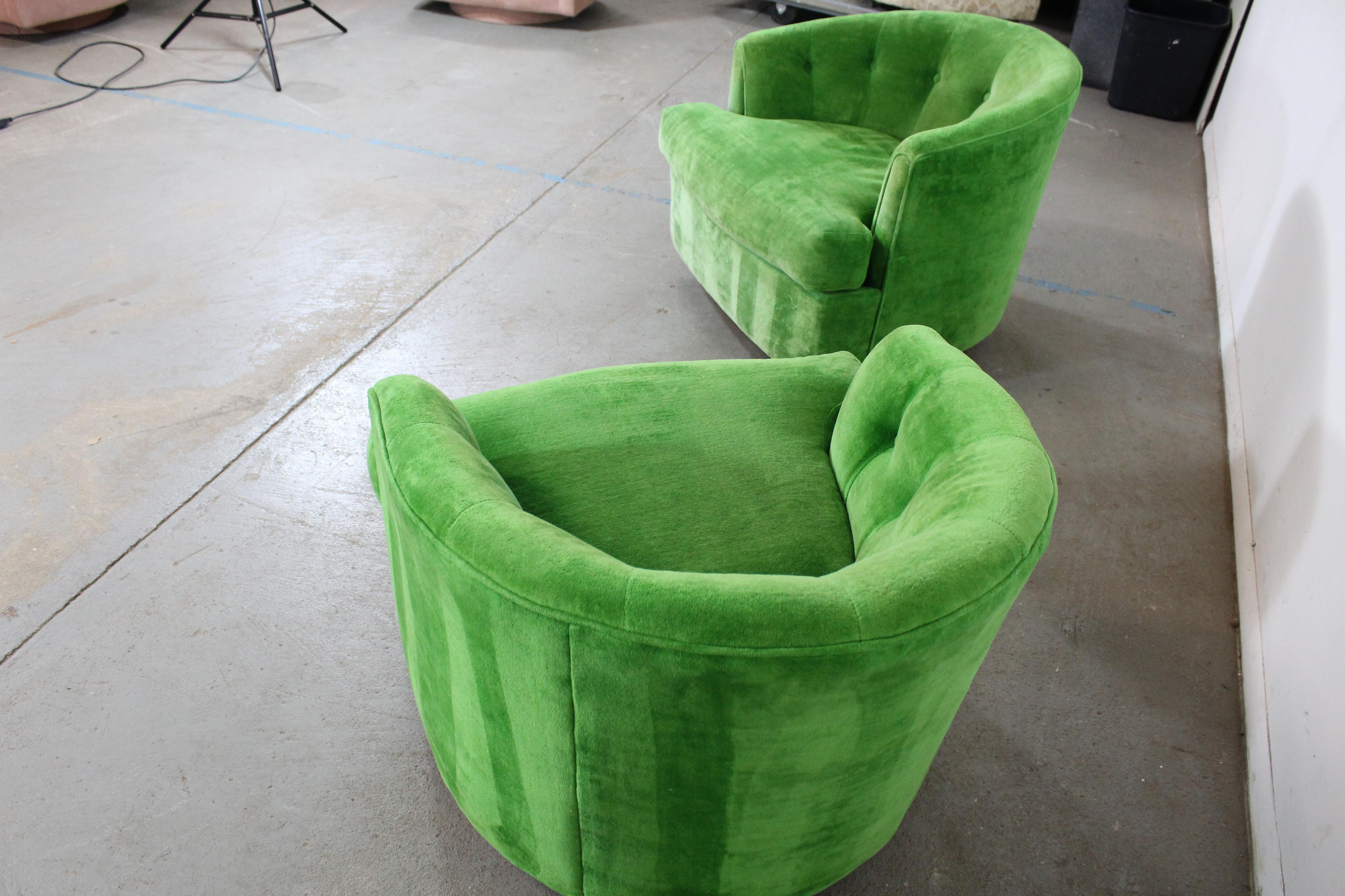 Pair of Mid-Century Danish Modern Barrel Back Velvet Swivel Club Chairs 2