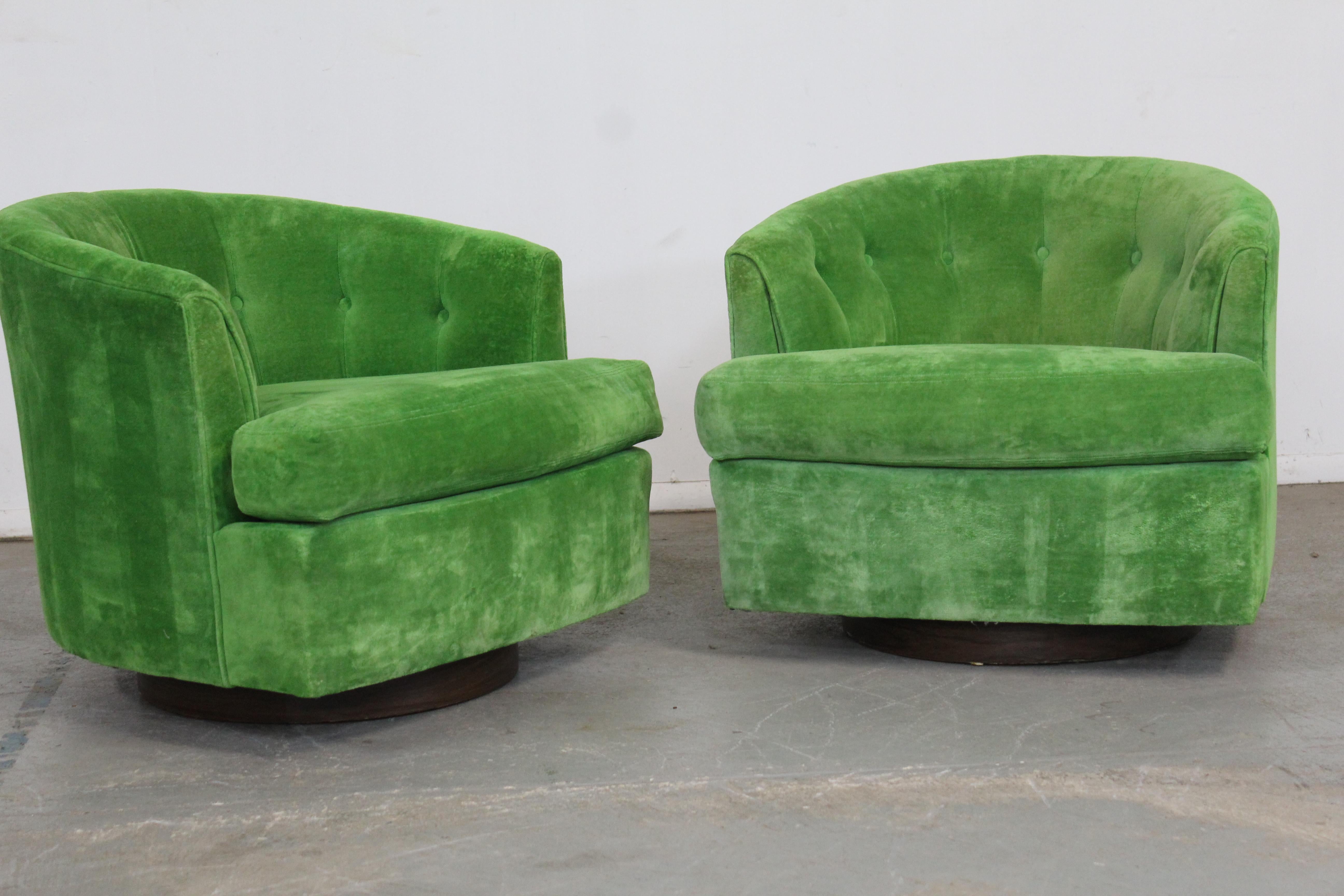 Pair of Mid-Century Danish Modern Barrel Back Velvet Swivel Club Chairs 9