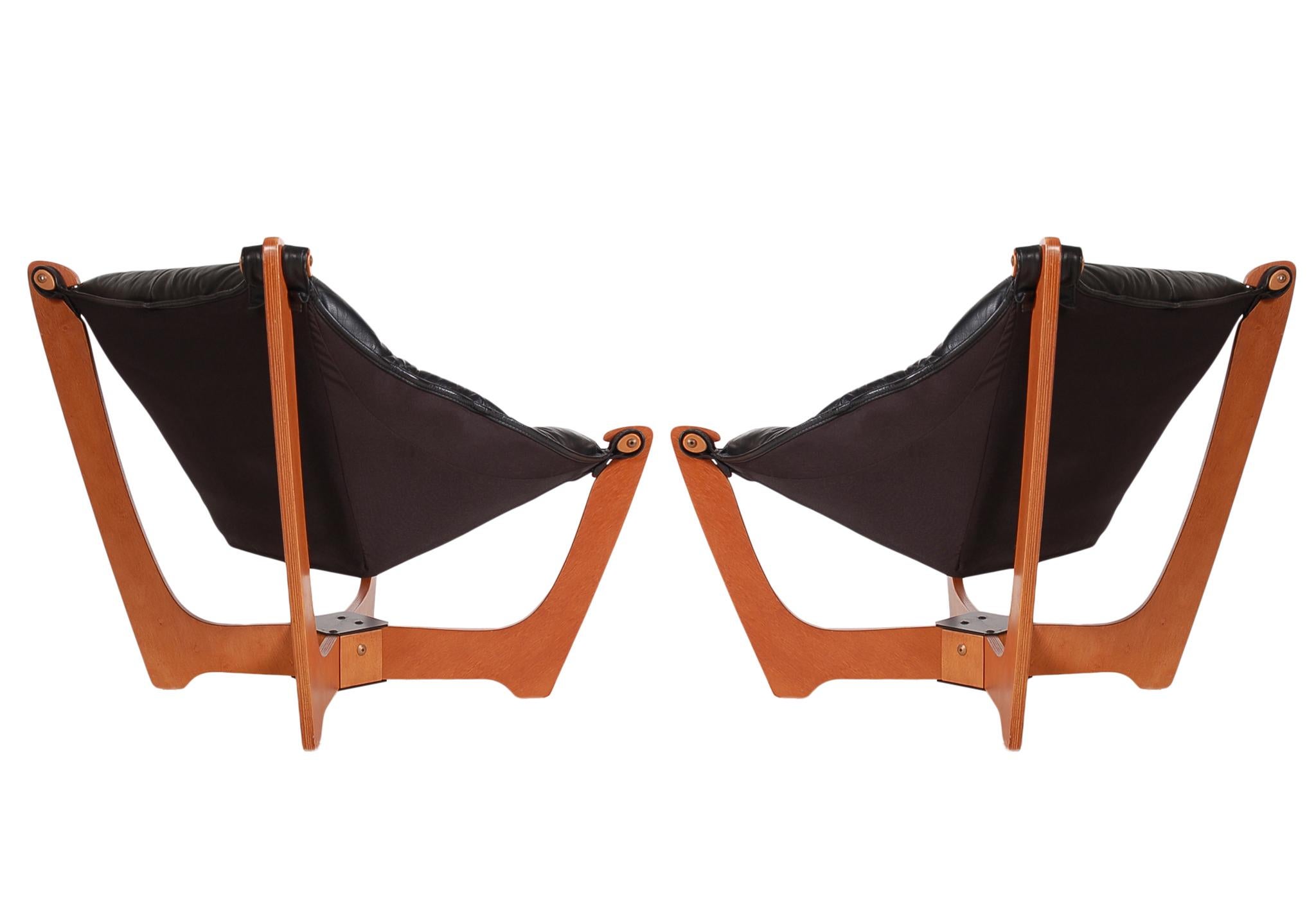 Pair of Midcentury Danish Modern Black Leather Lounge Chairs by Odd Knutsen 1