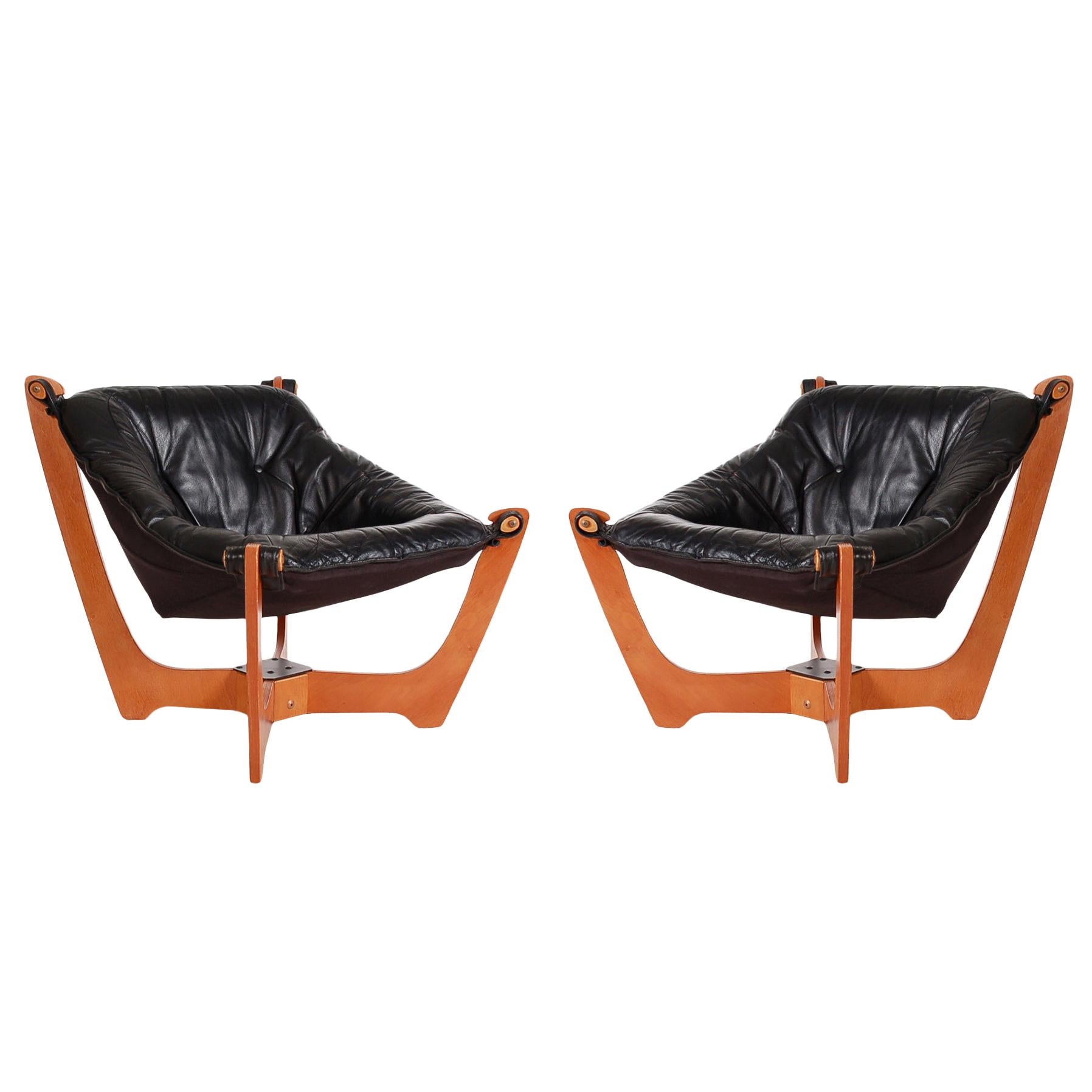 Pair of Midcentury Danish Modern Black Leather Lounge Chairs by Odd Knutsen