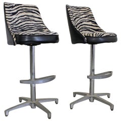 Vintage Pair of Midcentury Danish Modern Chromcraft Zebra Print Swivel Bar Stools