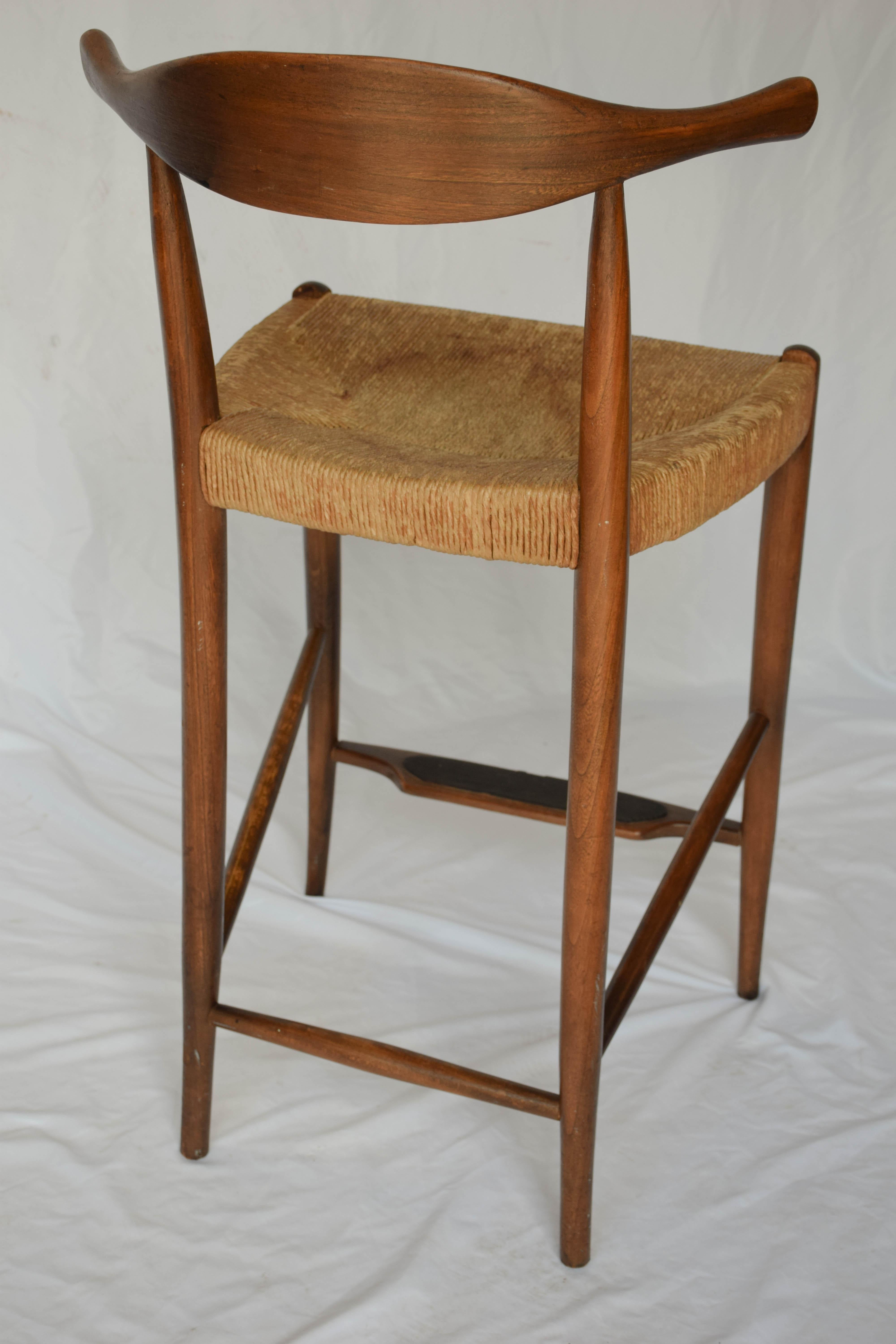 Pair of Midcentury Danish Modern Hans Wegner Style Cow Horn Teak Bar Stools 2