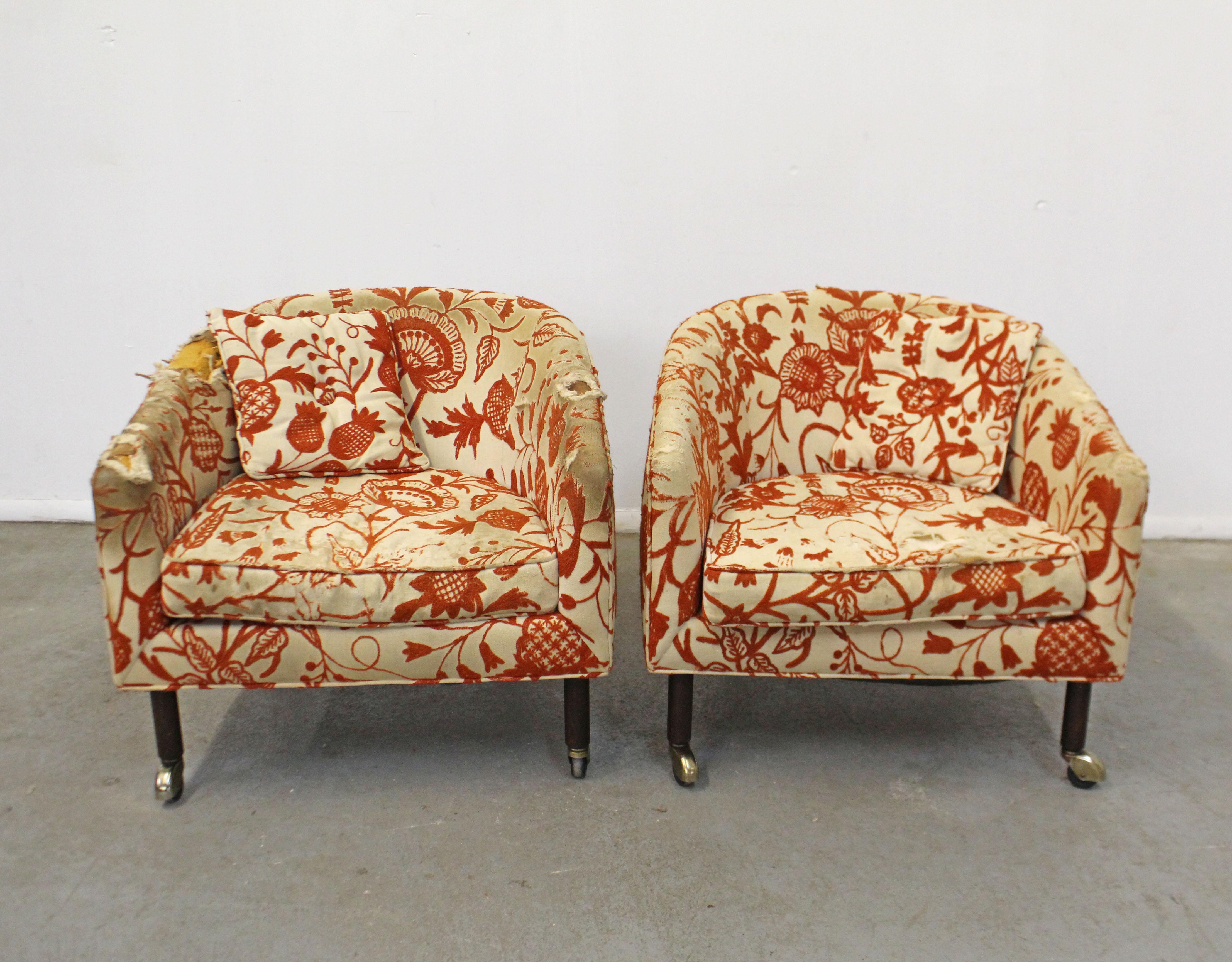 Offered is a pair of vintage midcentury lounge chairs on caster wheels bases by Harvey Probber. This set needs to be reupholstered, shows significant wear. Needs new cushions as well. Still a great set with lots of potential! They're signed by