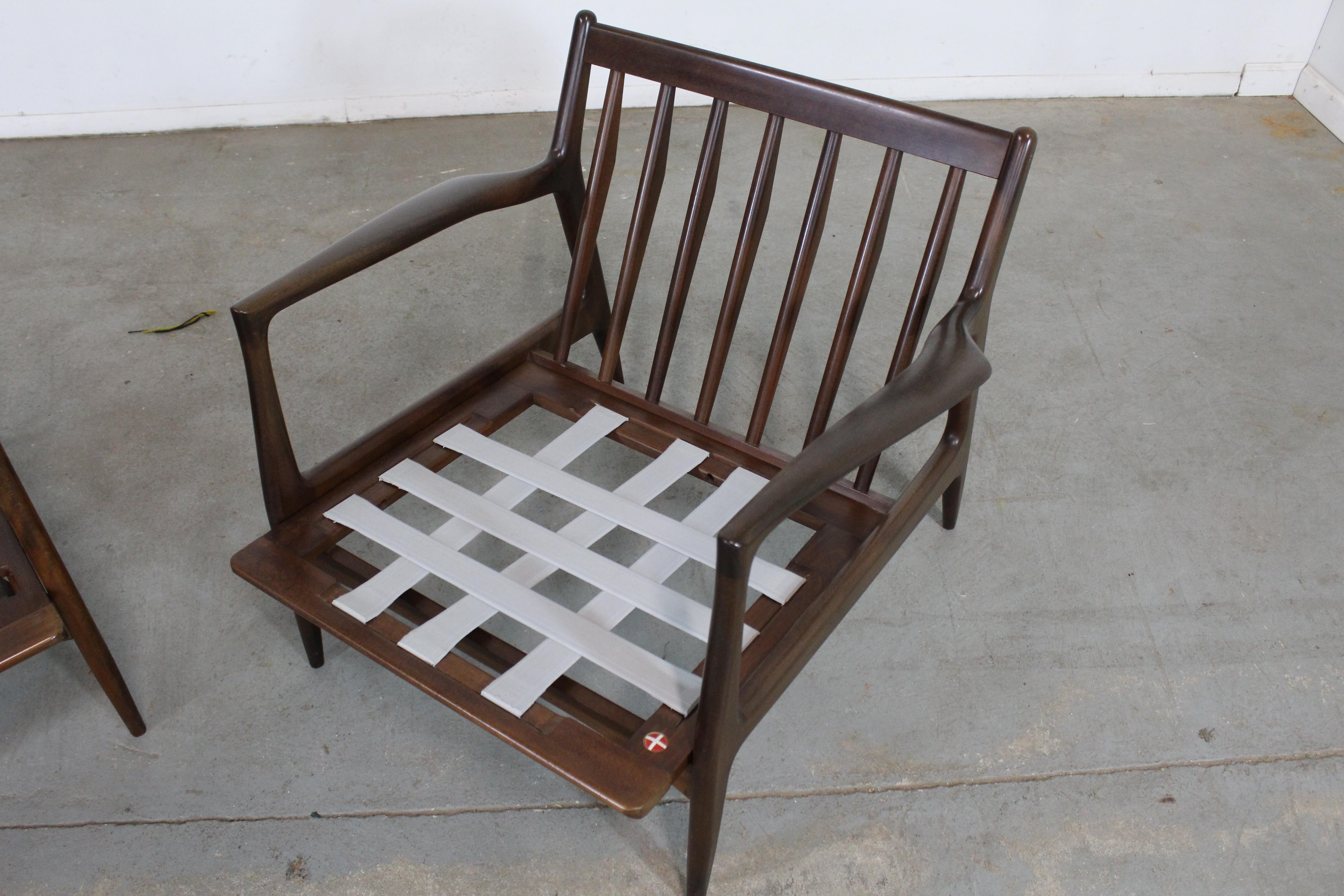 Pair of Mid Century Danish Modern Ib Kofod Larsen Walnut Open Arm Lounge Chairs In Good Condition In Wilmington, DE