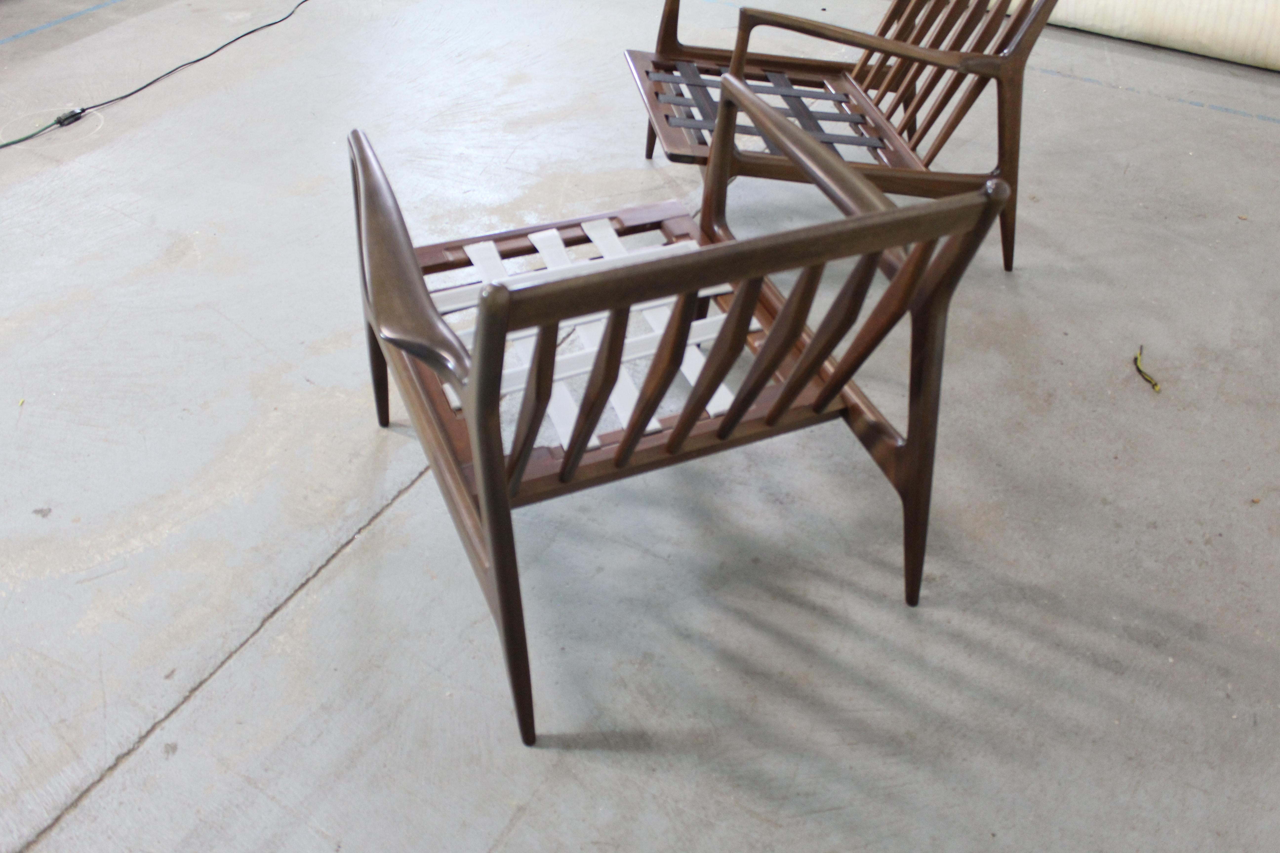 Pair of Mid Century Danish Modern Ib Kofod Larsen Walnut Open Arm Lounge Chairs 1