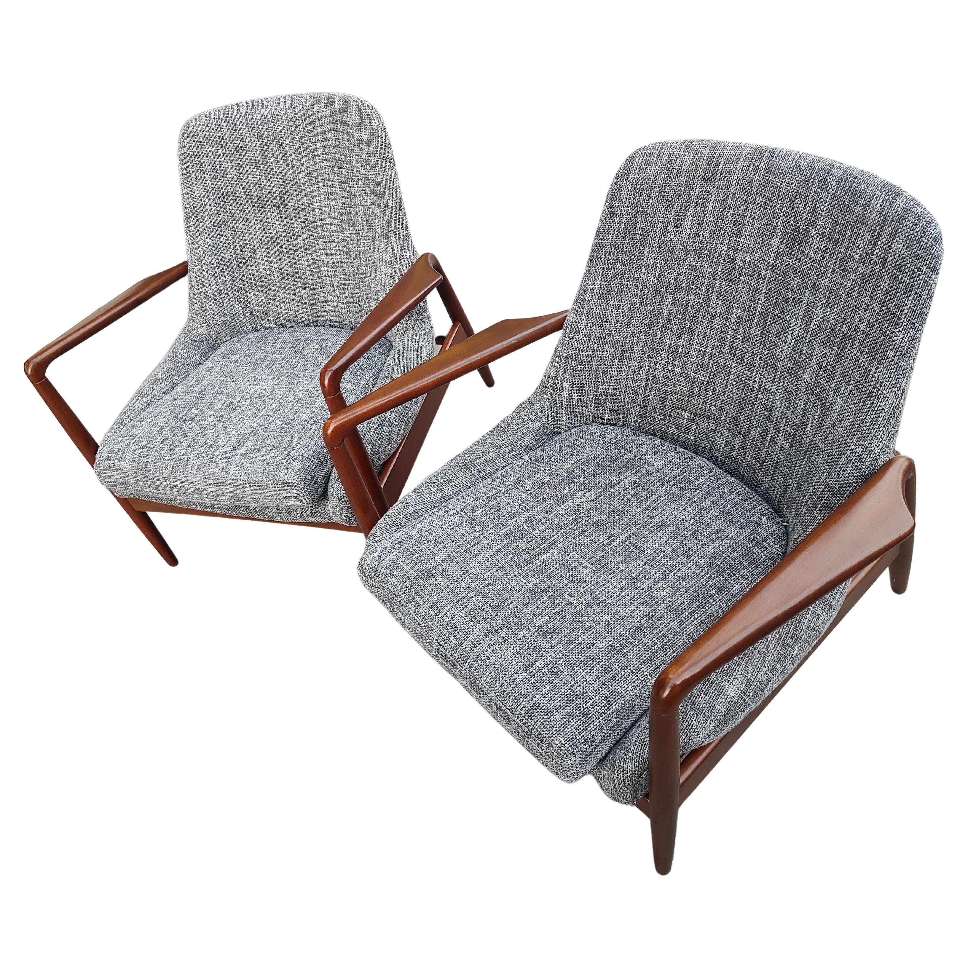 Fabric Pair of Mid Century Danish Modern Lounge Chairs style of Ib Kofod Larsen  For Sale