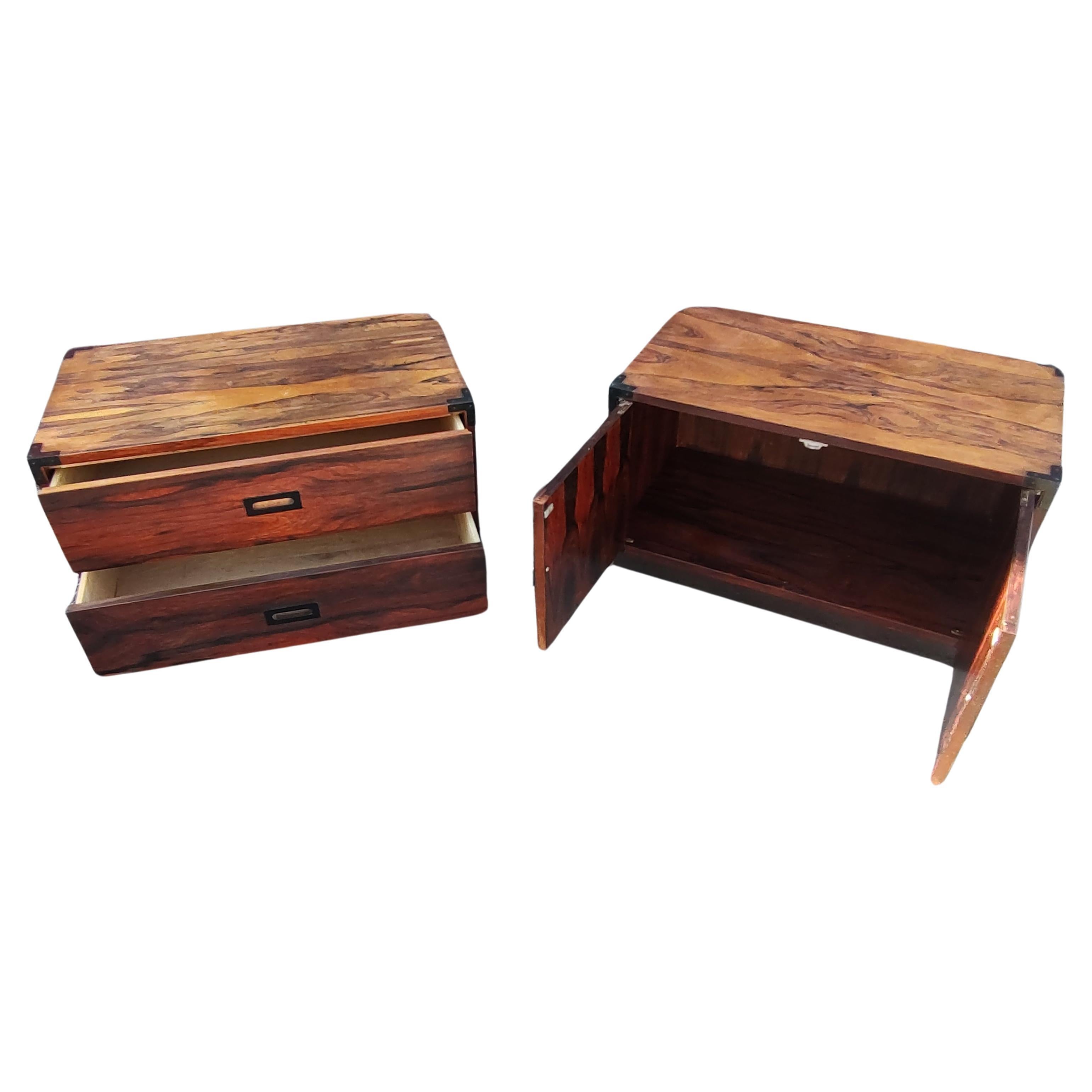 Metal Pair of Mid Century Danish Modern Rosewood Campaign Style Night Stands For Sale