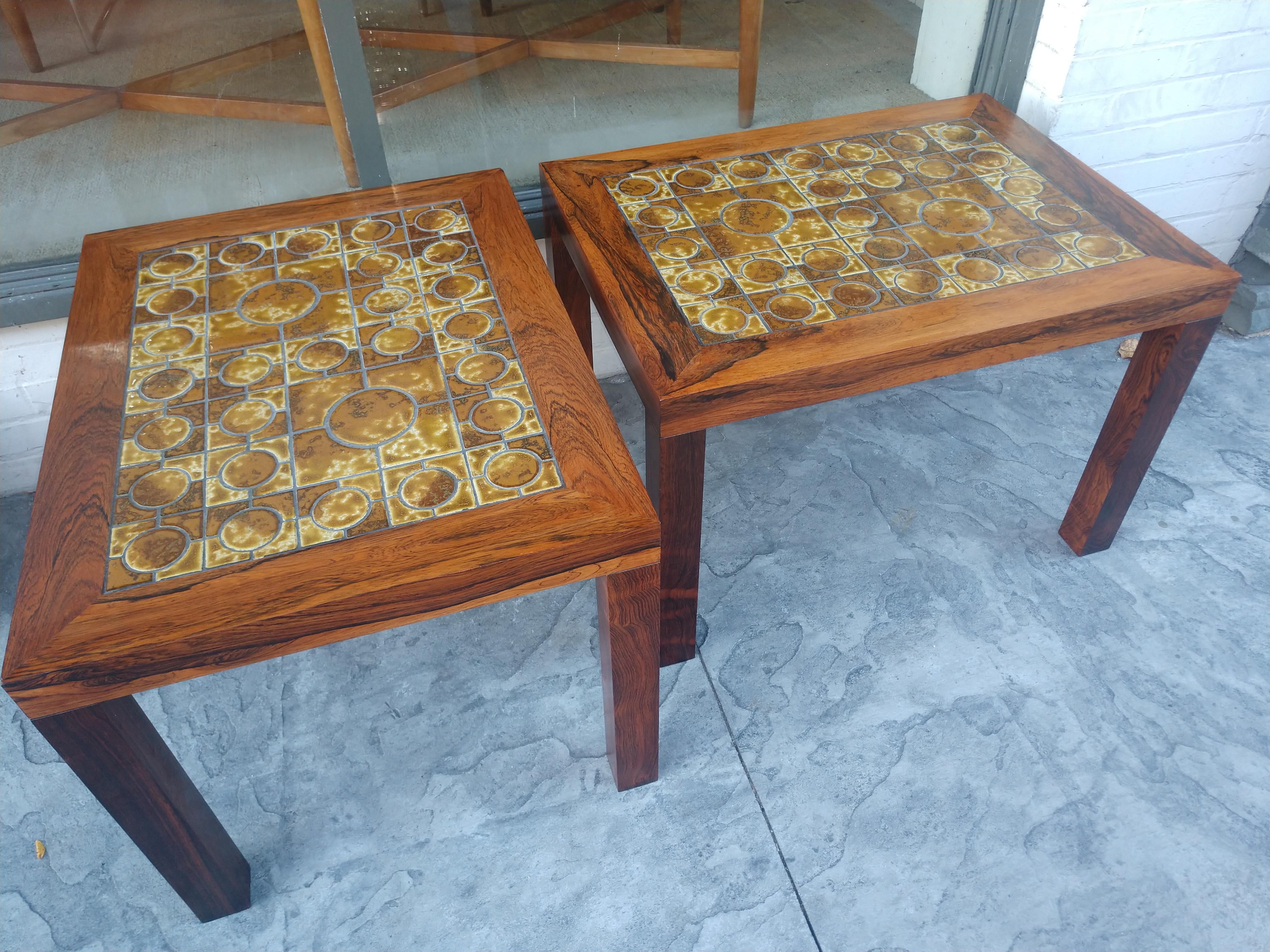 Pair of Mid Century Danish Modern Rosewood End Tables with Inset Tile Tops For Sale 5